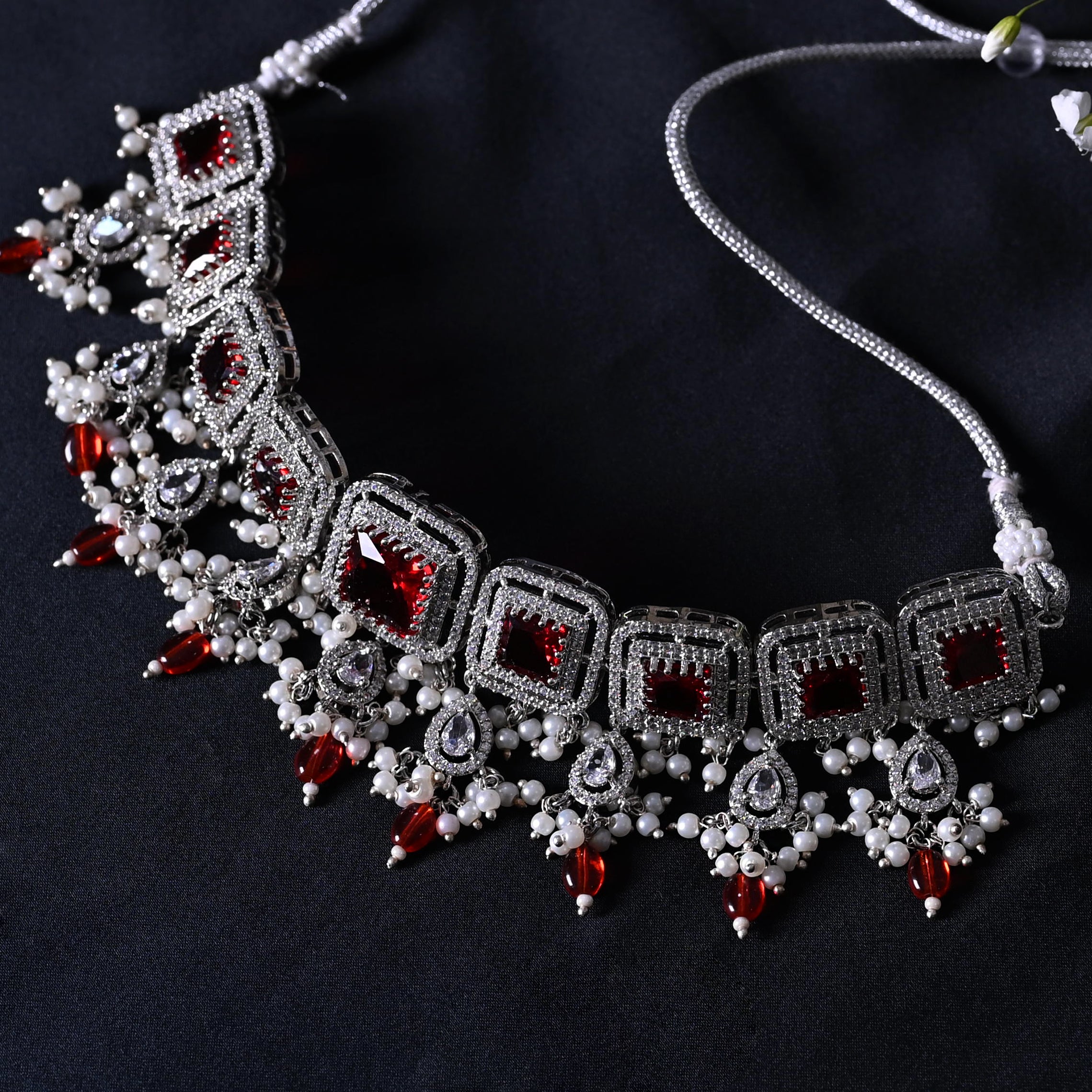SJN1062- Ruby Colour Silver Plated Faux Diamond Choker with Earrings