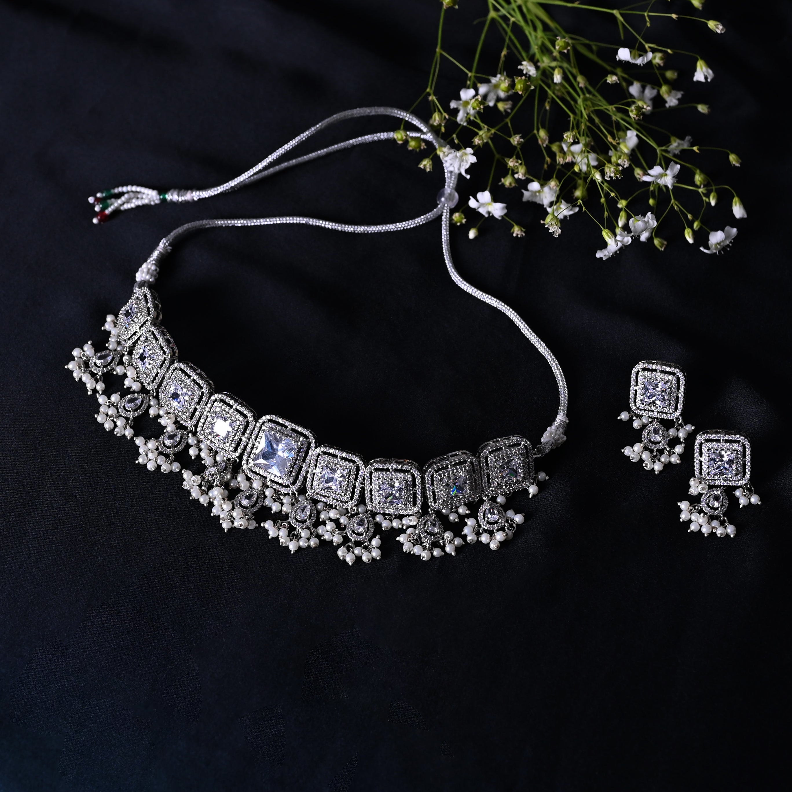 SJN1062- Purple Colour Silver Plated Faux Diamond Choker with Earrings