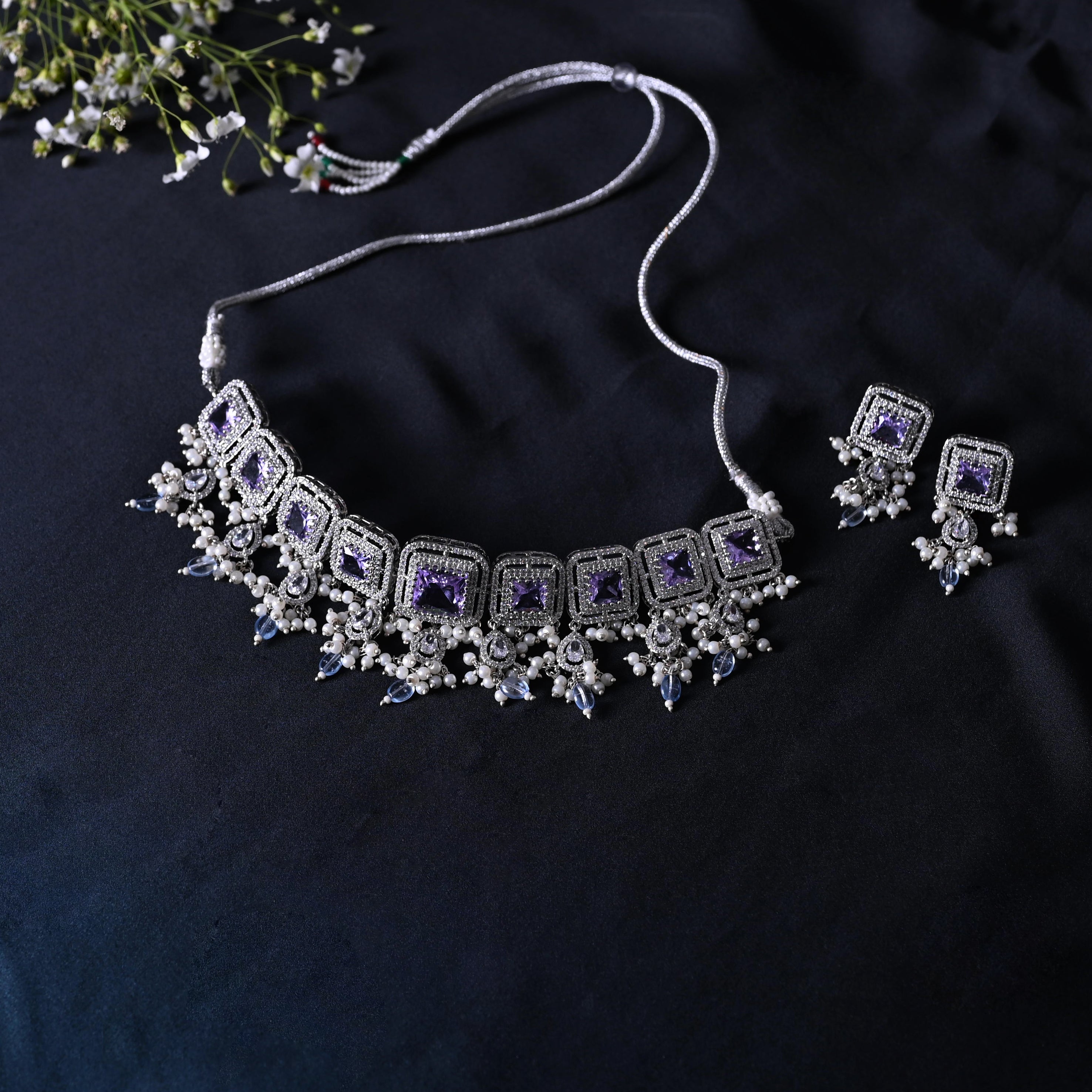 SJN1062- Purple Colour Silver Plated Faux Diamond Choker with Earrings