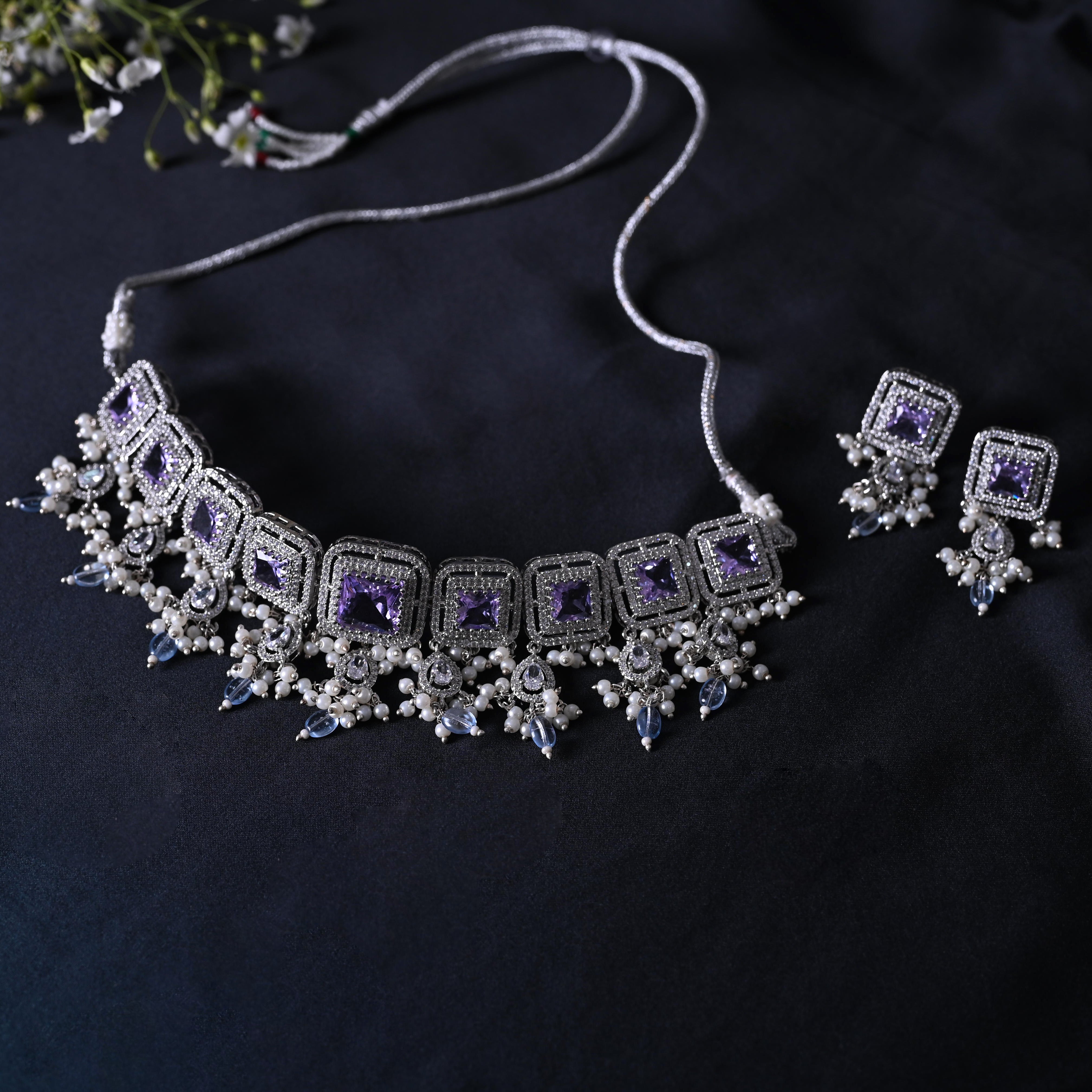 SJN1062- Purple Colour Silver Plated Faux Diamond Choker with Earrings