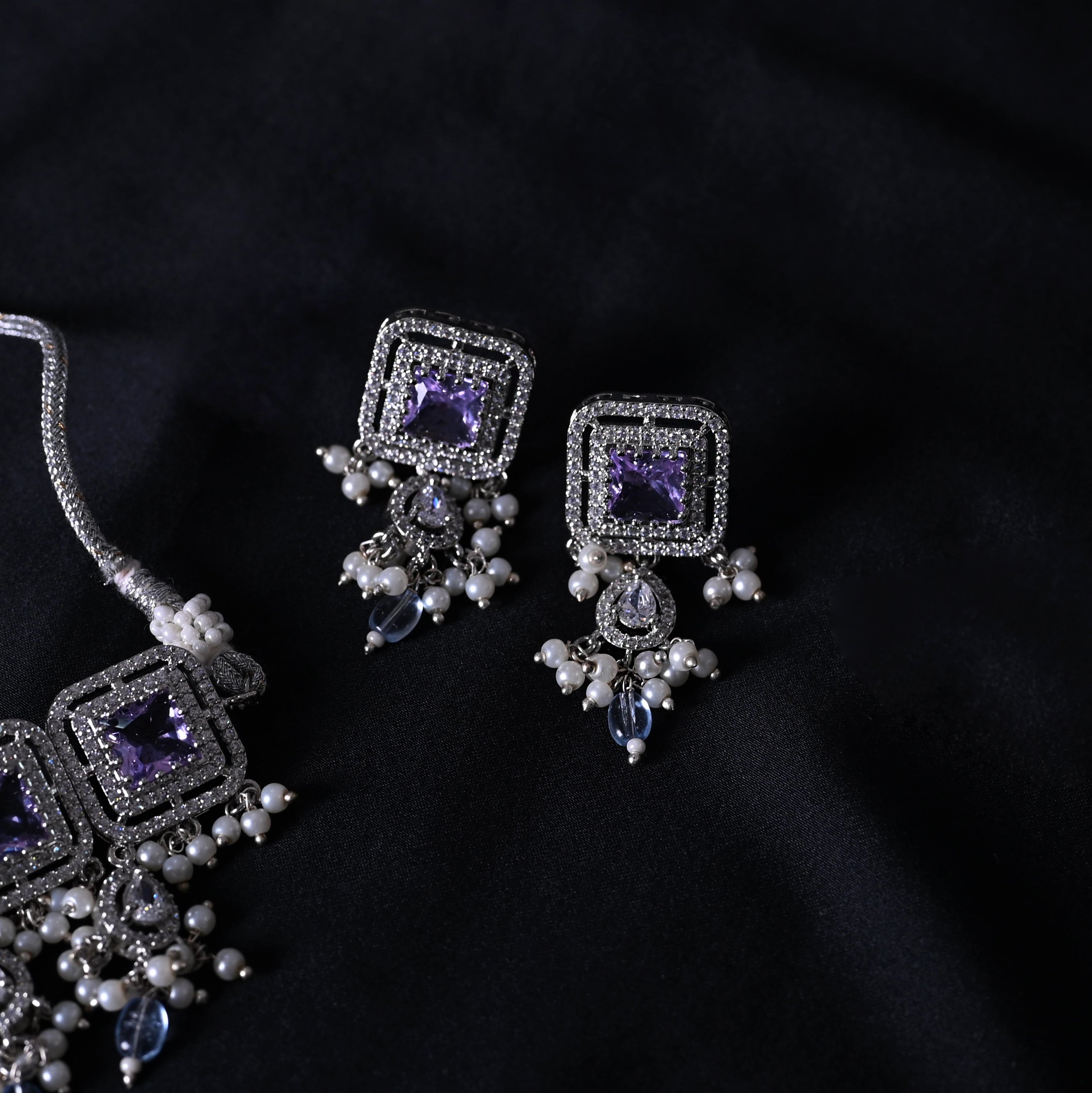 SJN1062- Purple Colour Silver Plated Faux Diamond Choker with Earrings