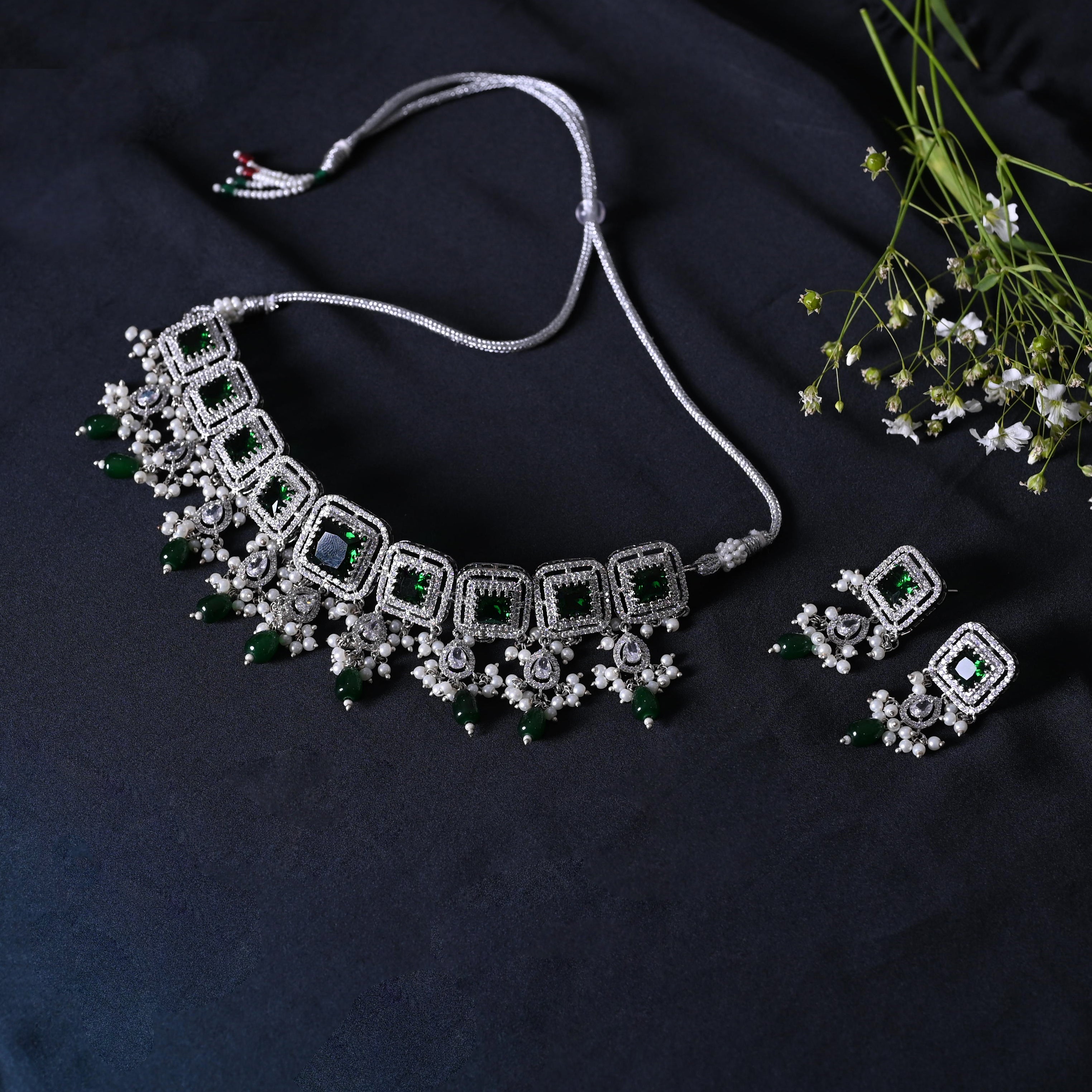 SJN1062- Green Colour Silver Plated Faux Diamond Choker with Earrings