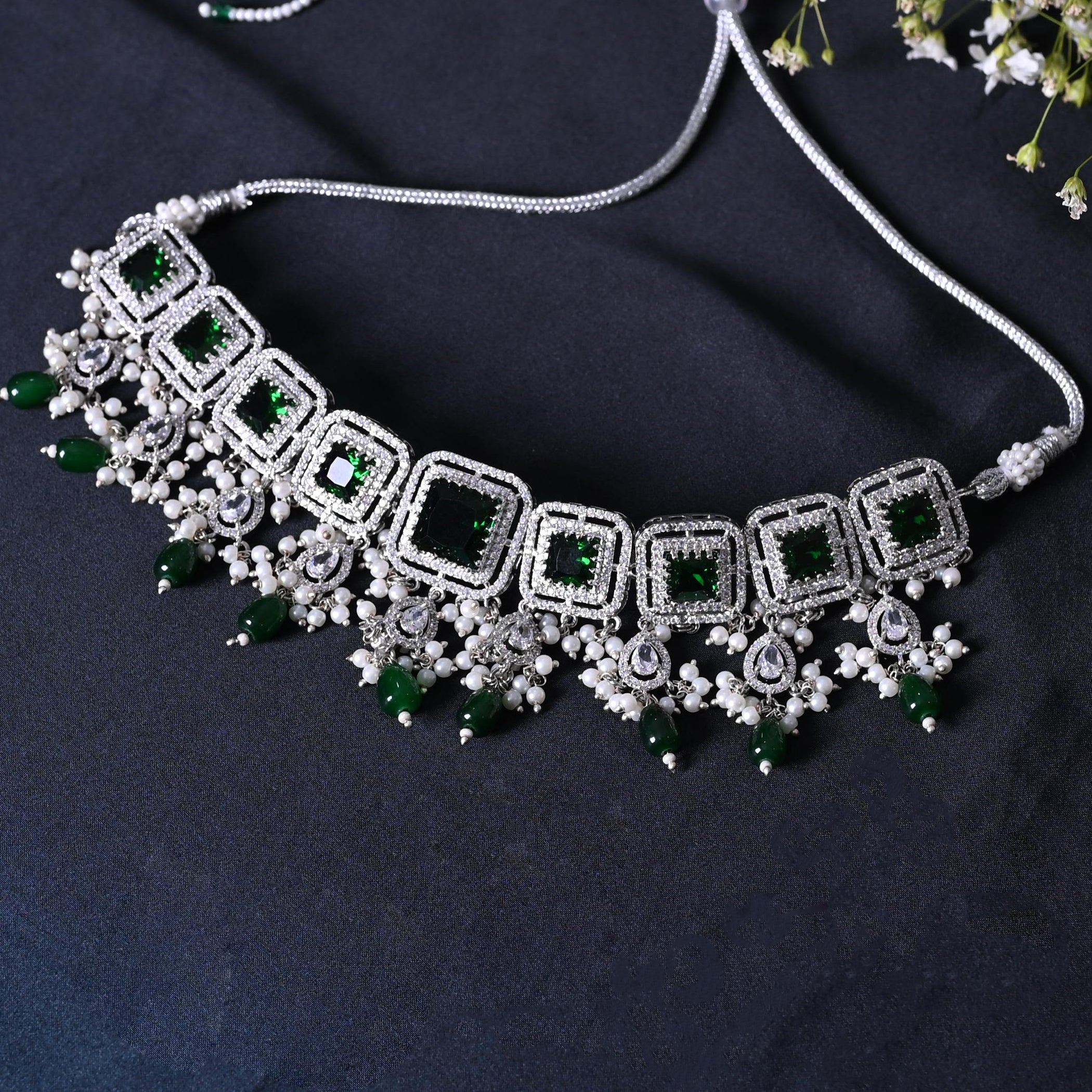 SJN1062- Green Colour Silver Plated Faux Diamond Choker with Earrings