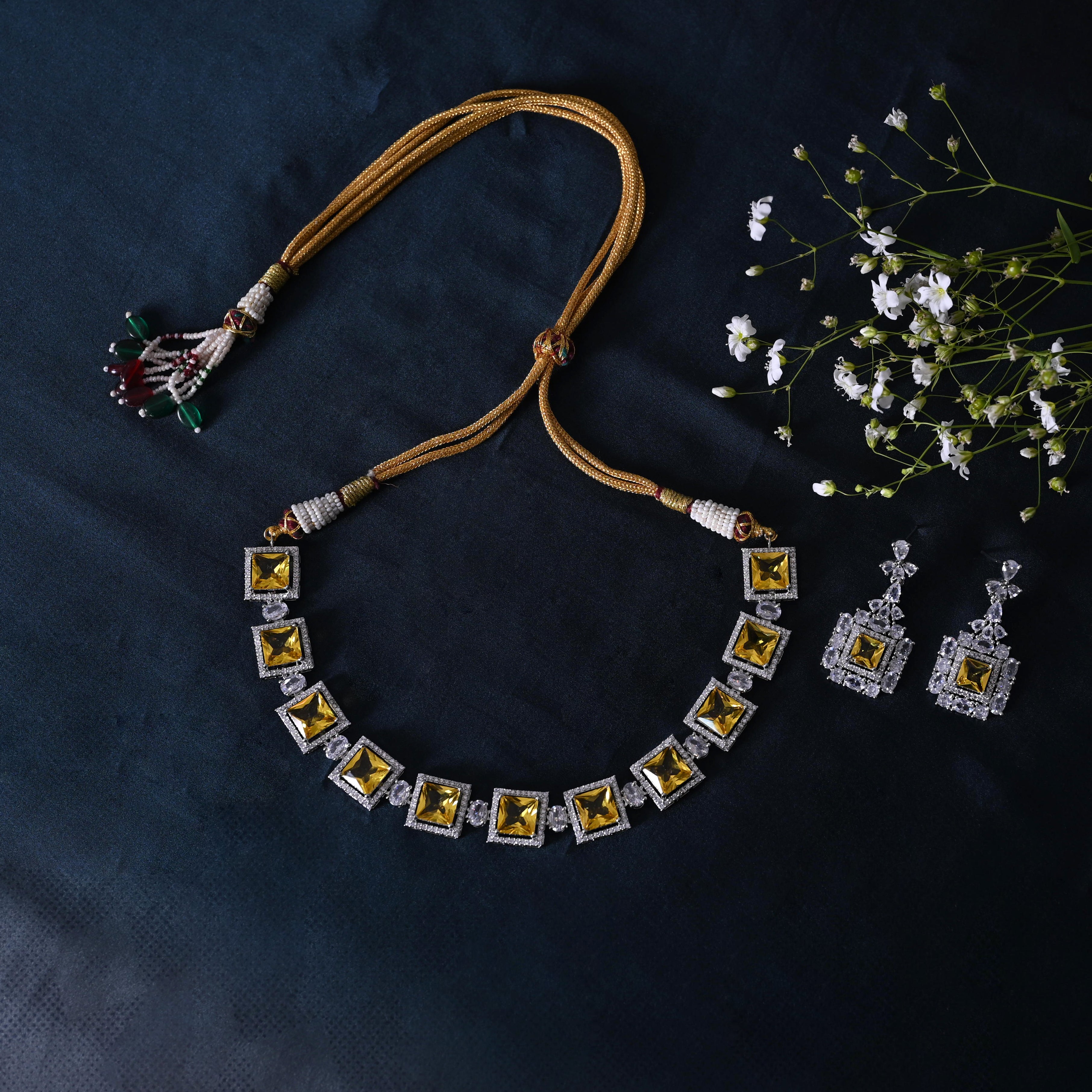SJN1061- Yellow Colour Faux Diamond Choker with Earrings