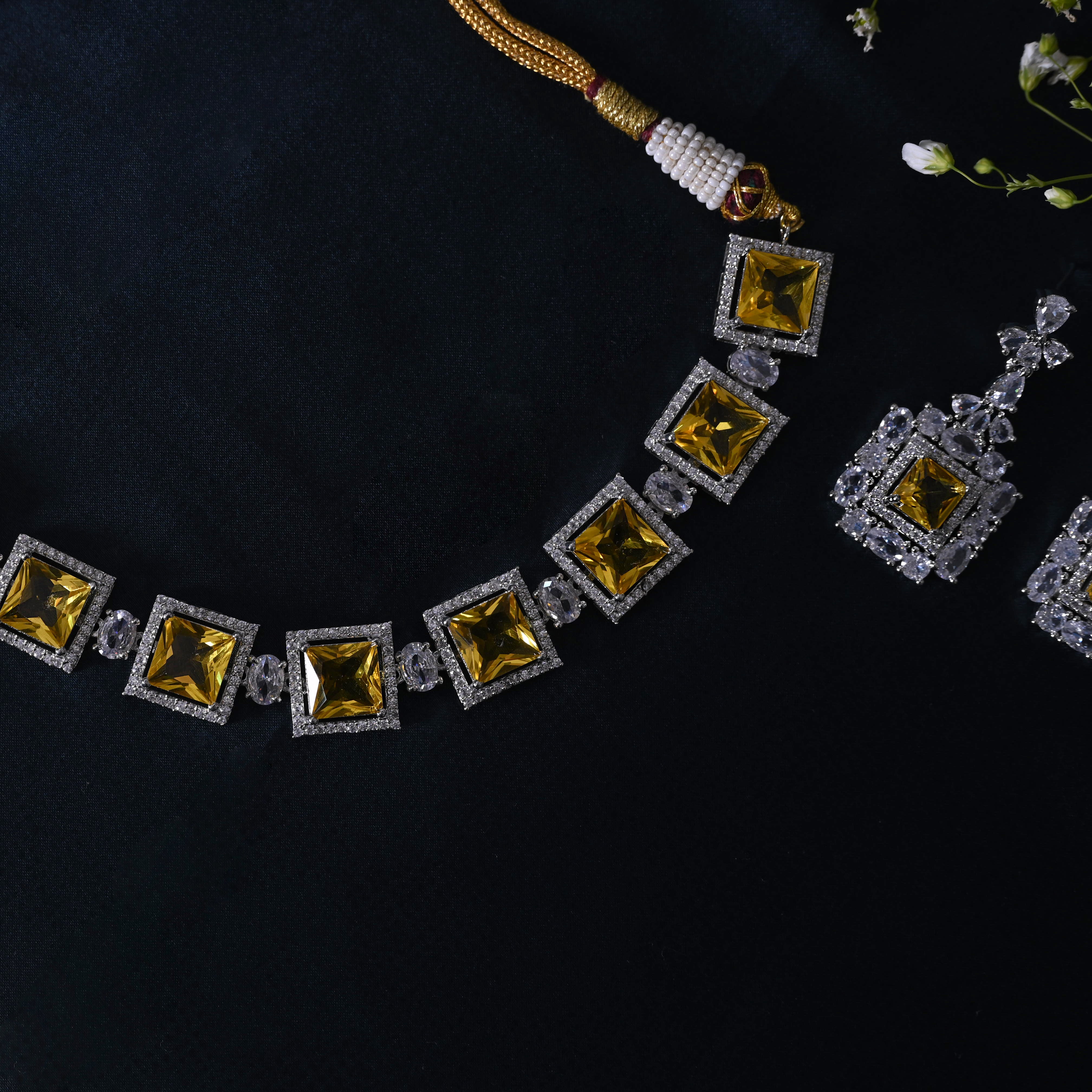 SJN1061- Yellow Colour Faux Diamond Choker with Earrings