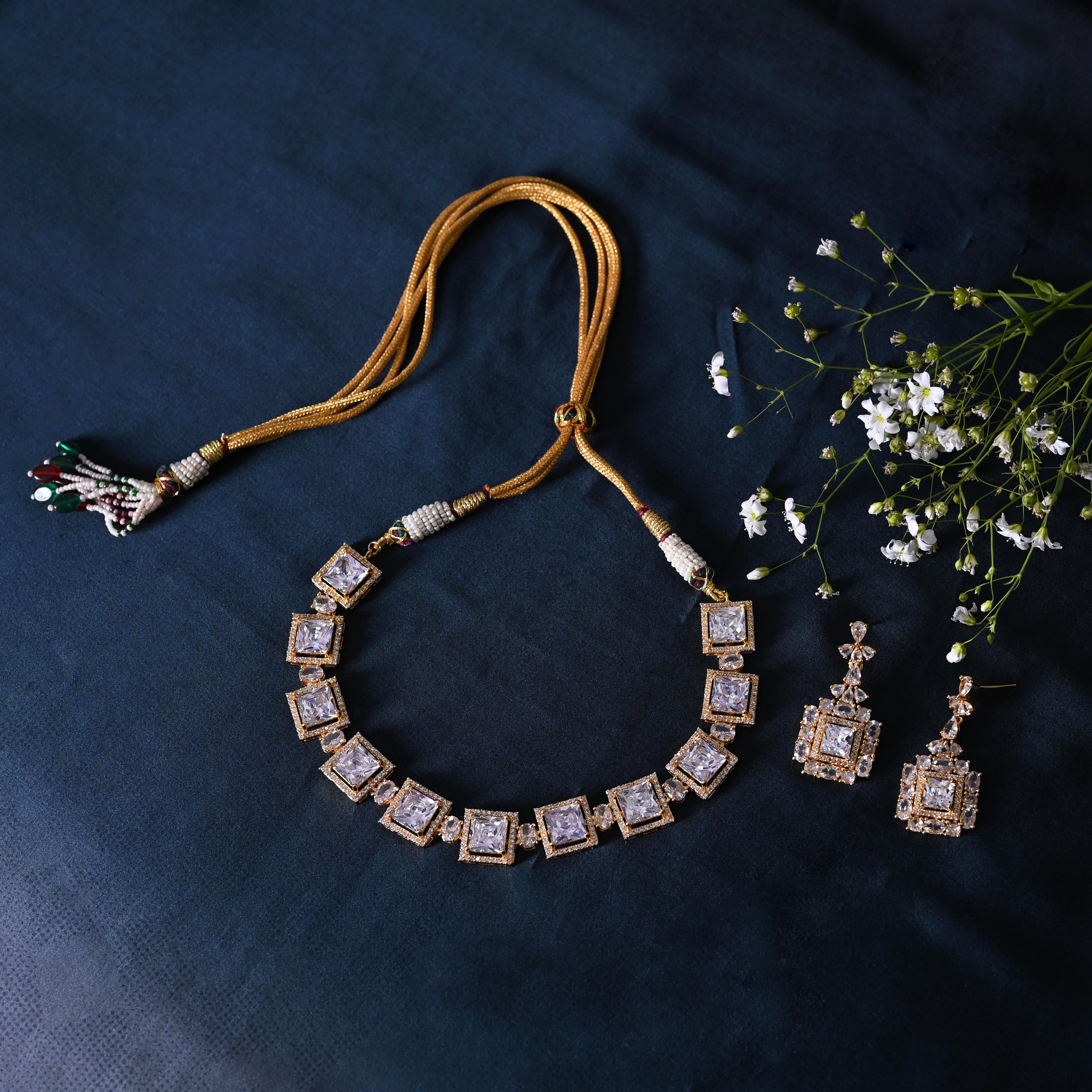 SJN1061- White Colour Faux Diamond Choker with Earrings