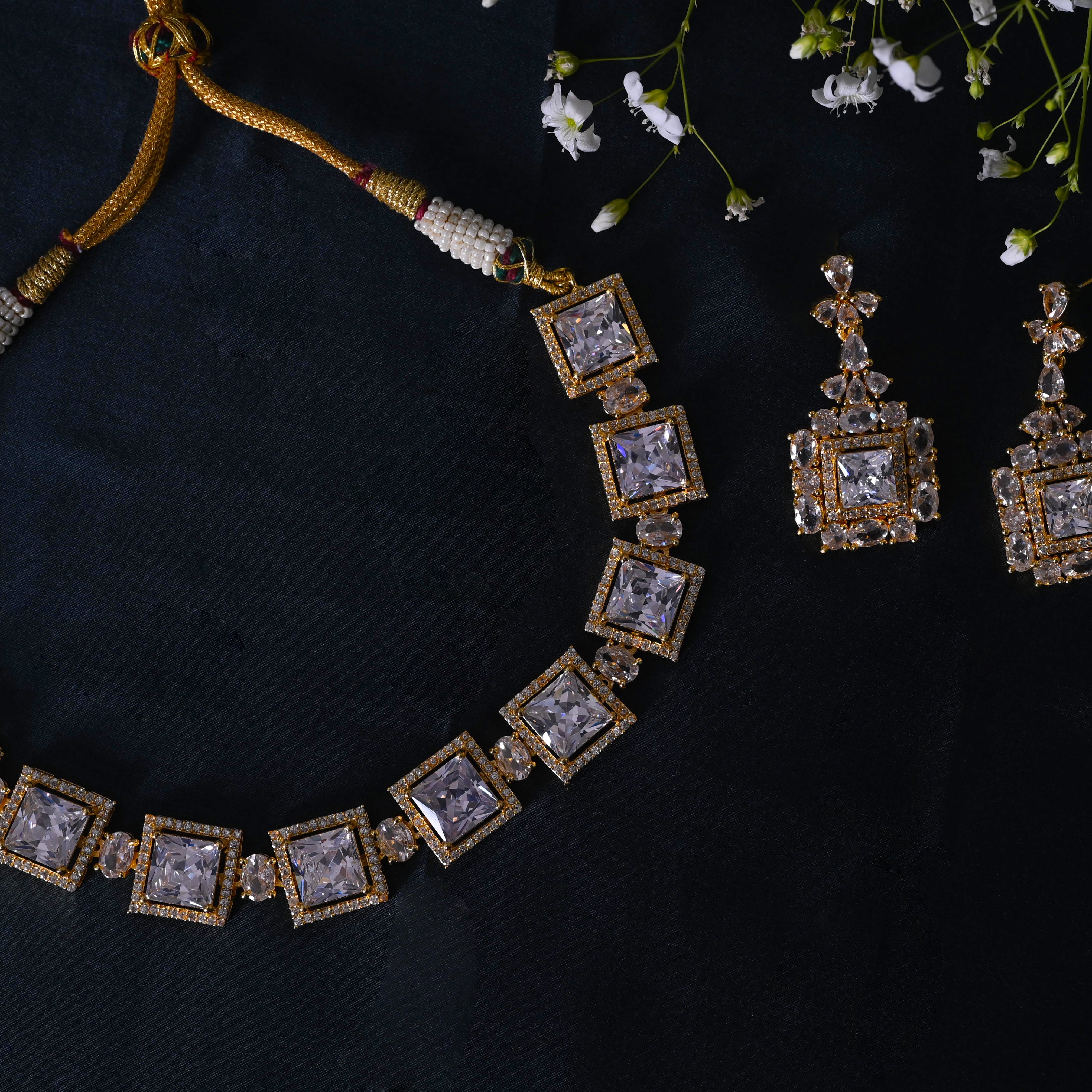 SJN1061- White Colour Faux Diamond Choker with Earrings