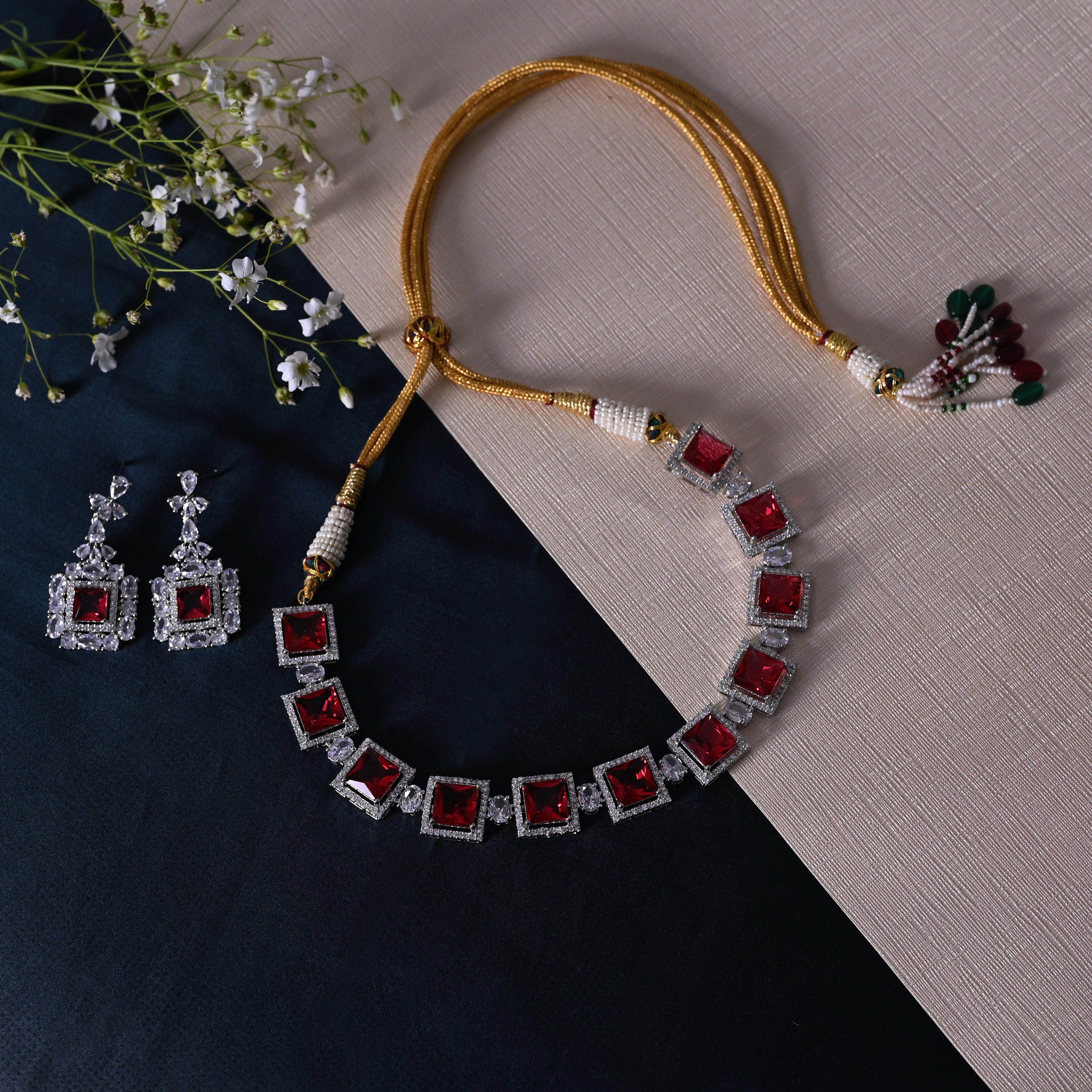 SJN1061- Ruby Colour Faux Diamond Choker with Earrings