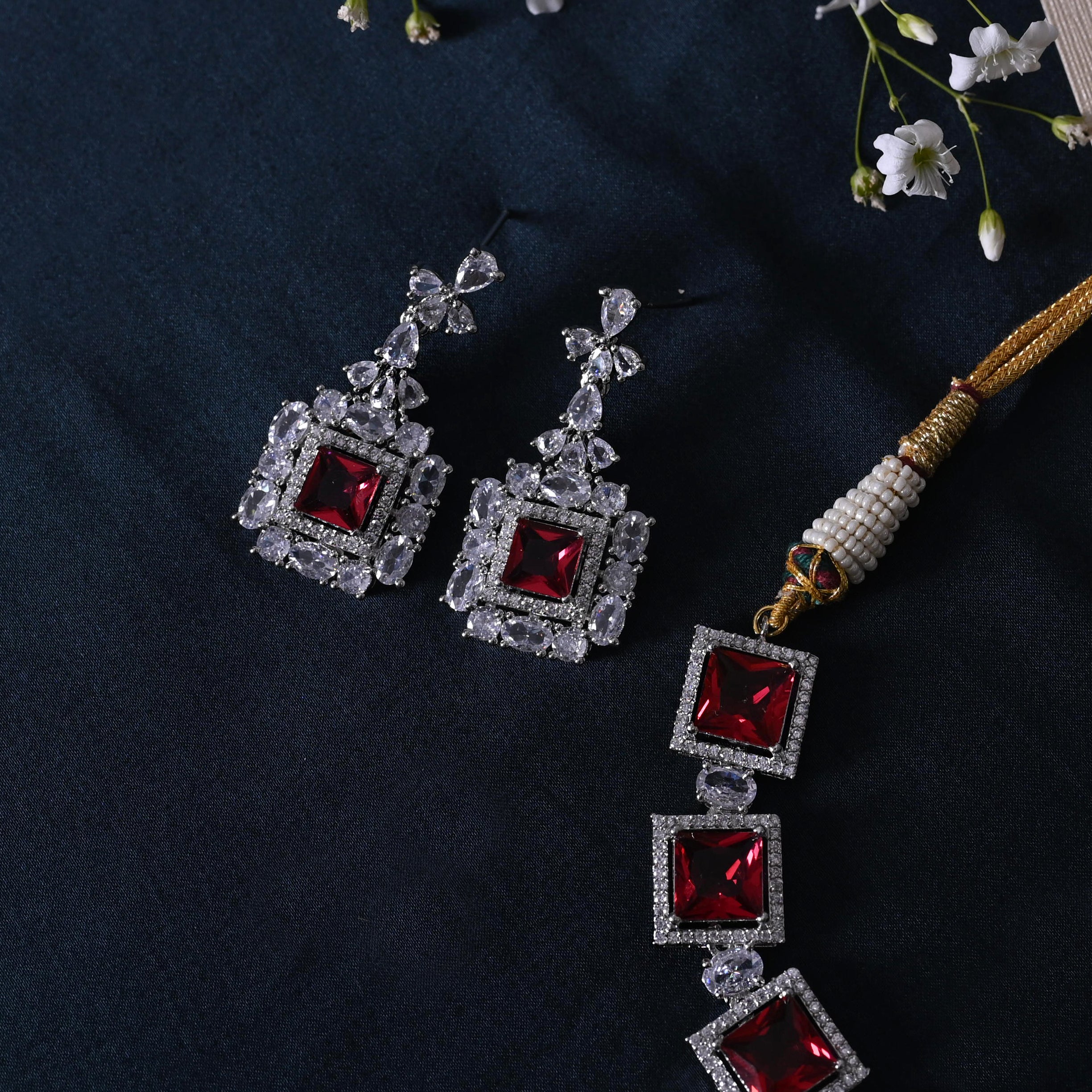 SJN1061- Ruby Colour Faux Diamond Choker with Earrings