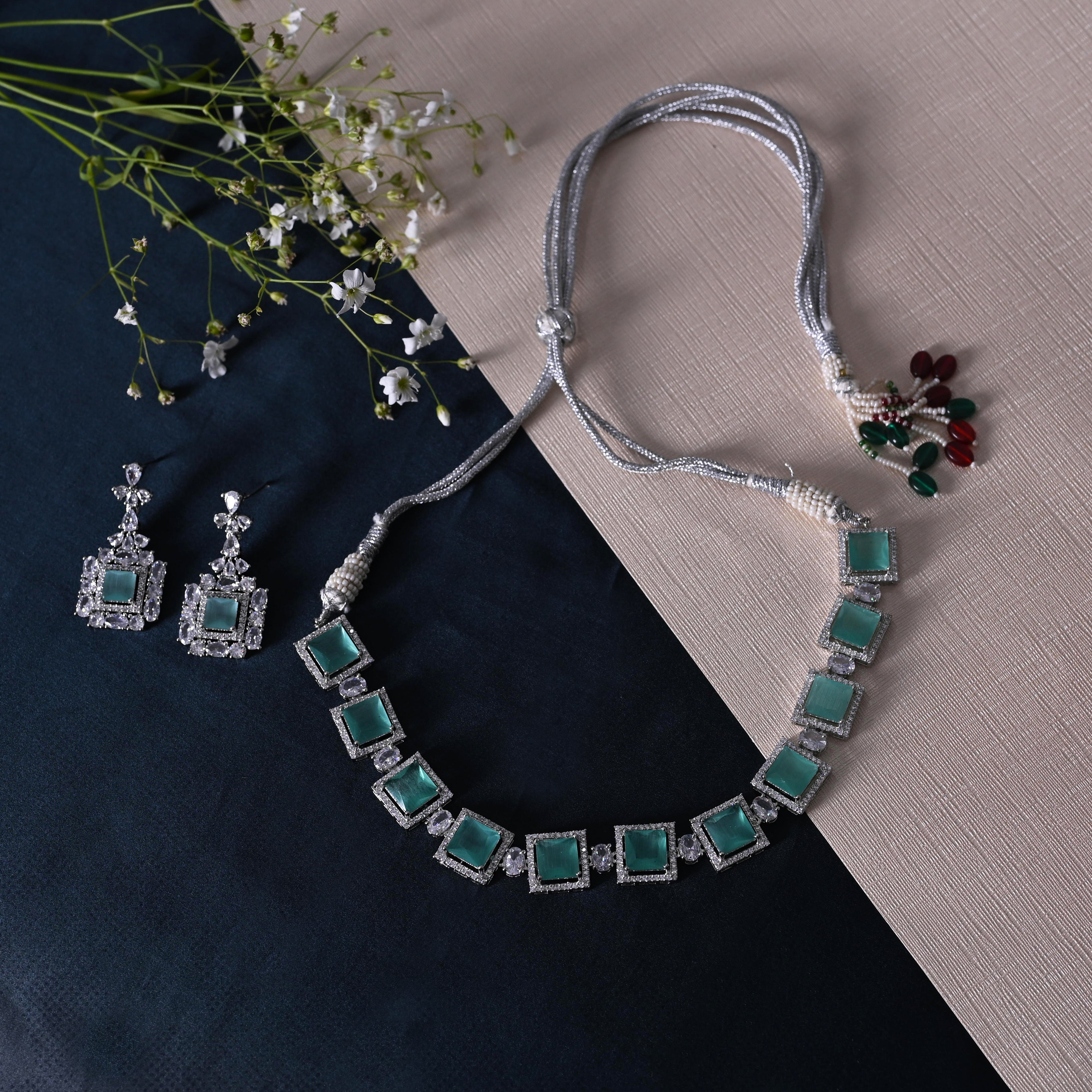SJN1061- Mint Blue Colour Faux Diamond Choker with Earrings