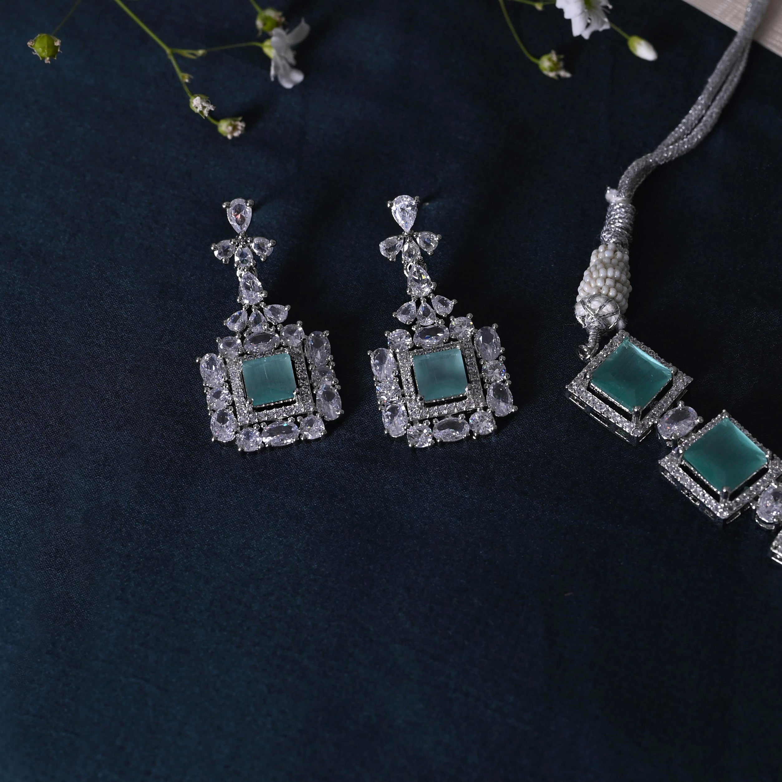 SJN1061- Mint Blue Colour Faux Diamond Choker with Earrings