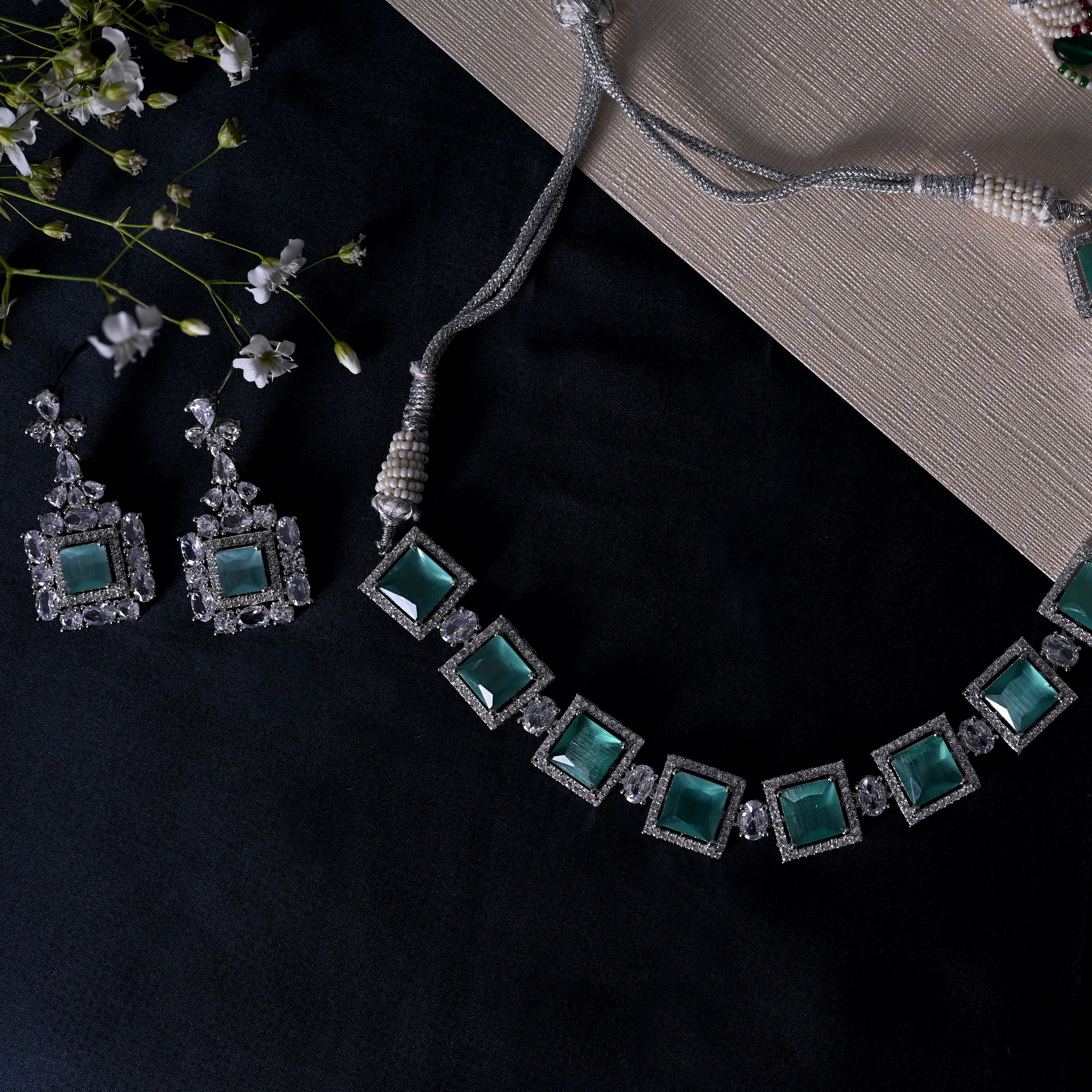 SJN1061- Mint Blue Colour Faux Diamond Choker with Earrings