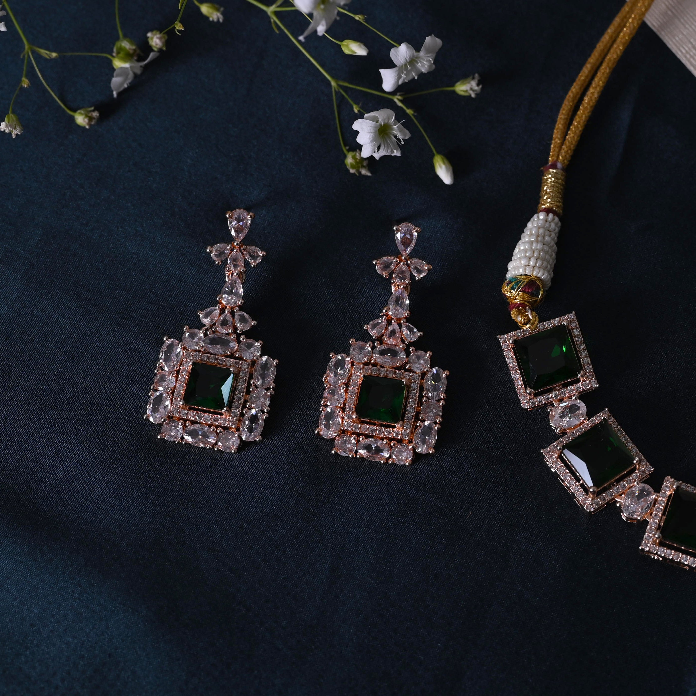 SJN1061- Green Colour Faux Diamond Choker with Earrings