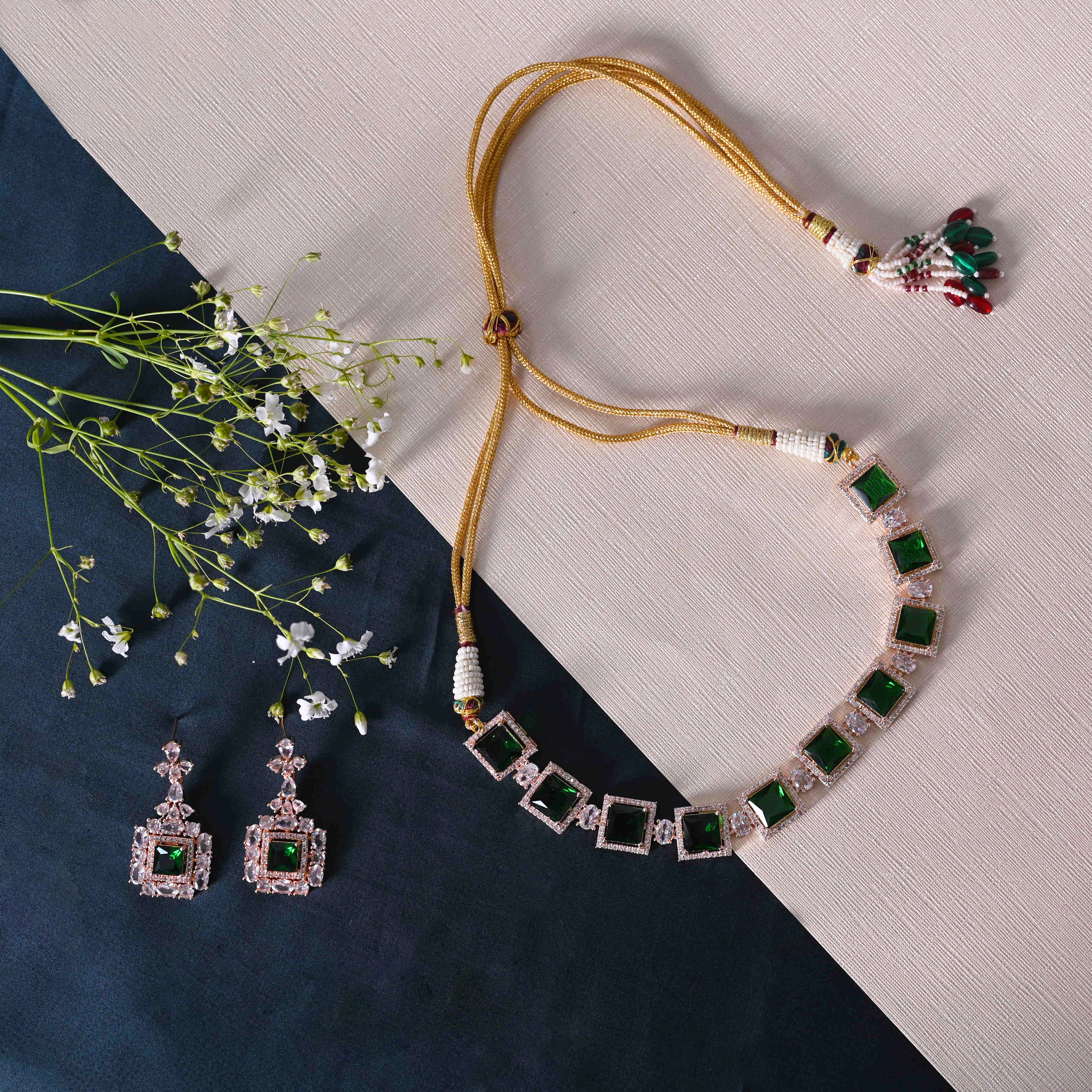 SJN1061- Green Colour Faux Diamond Choker with Earrings