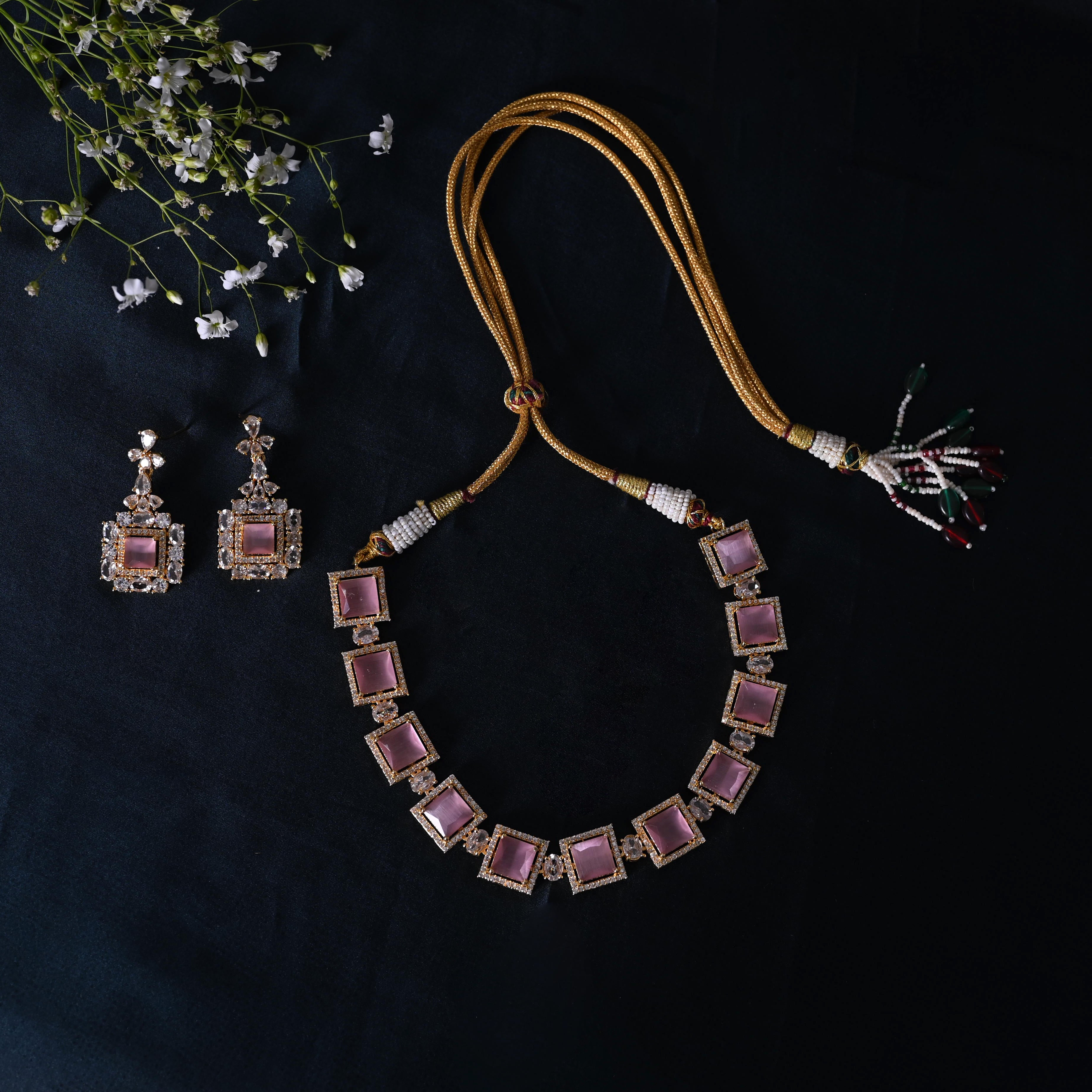 SJN1061- Pink Colour Faux Diamond Choker with Earrings