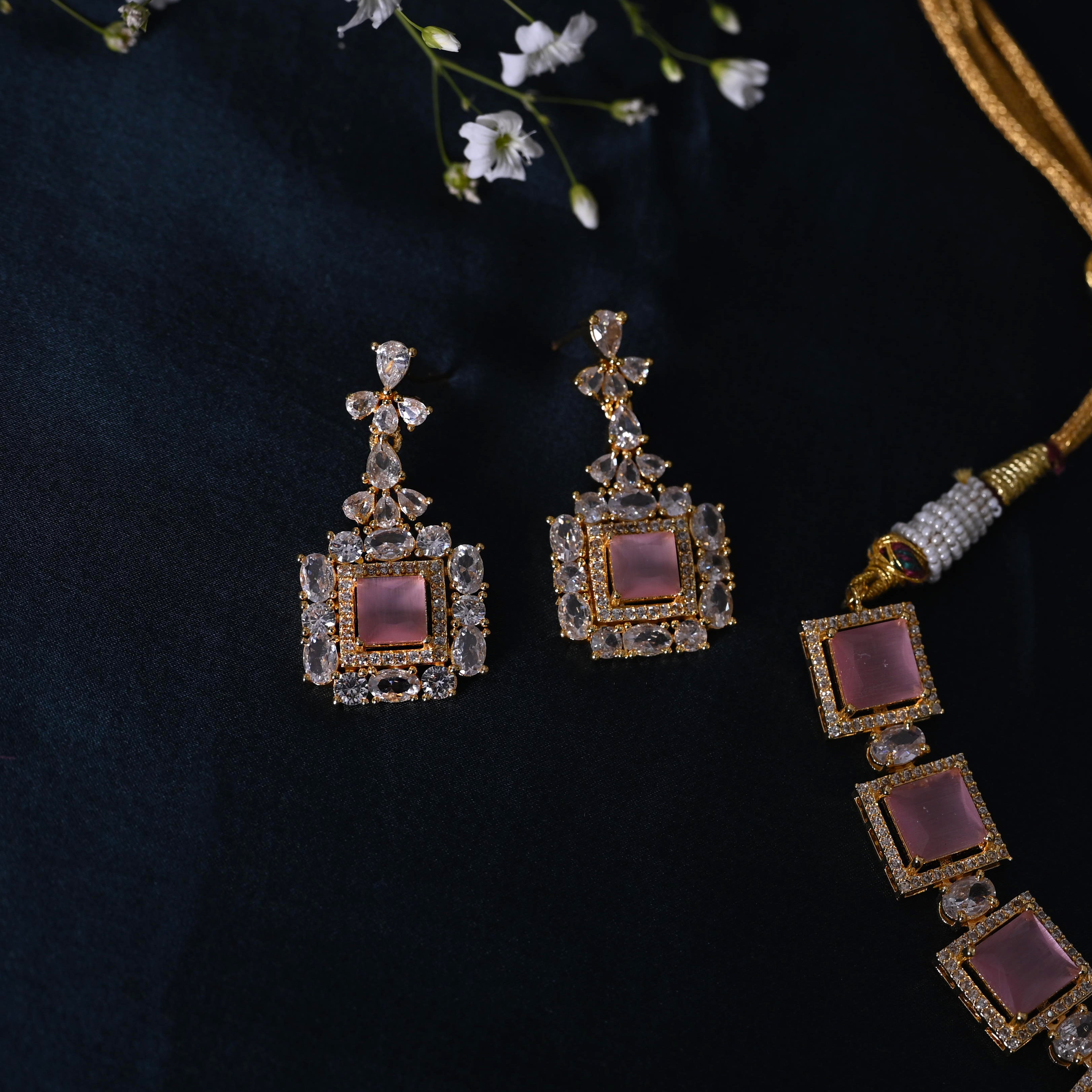 SJN1061- Pink Colour Faux Diamond Choker with Earrings