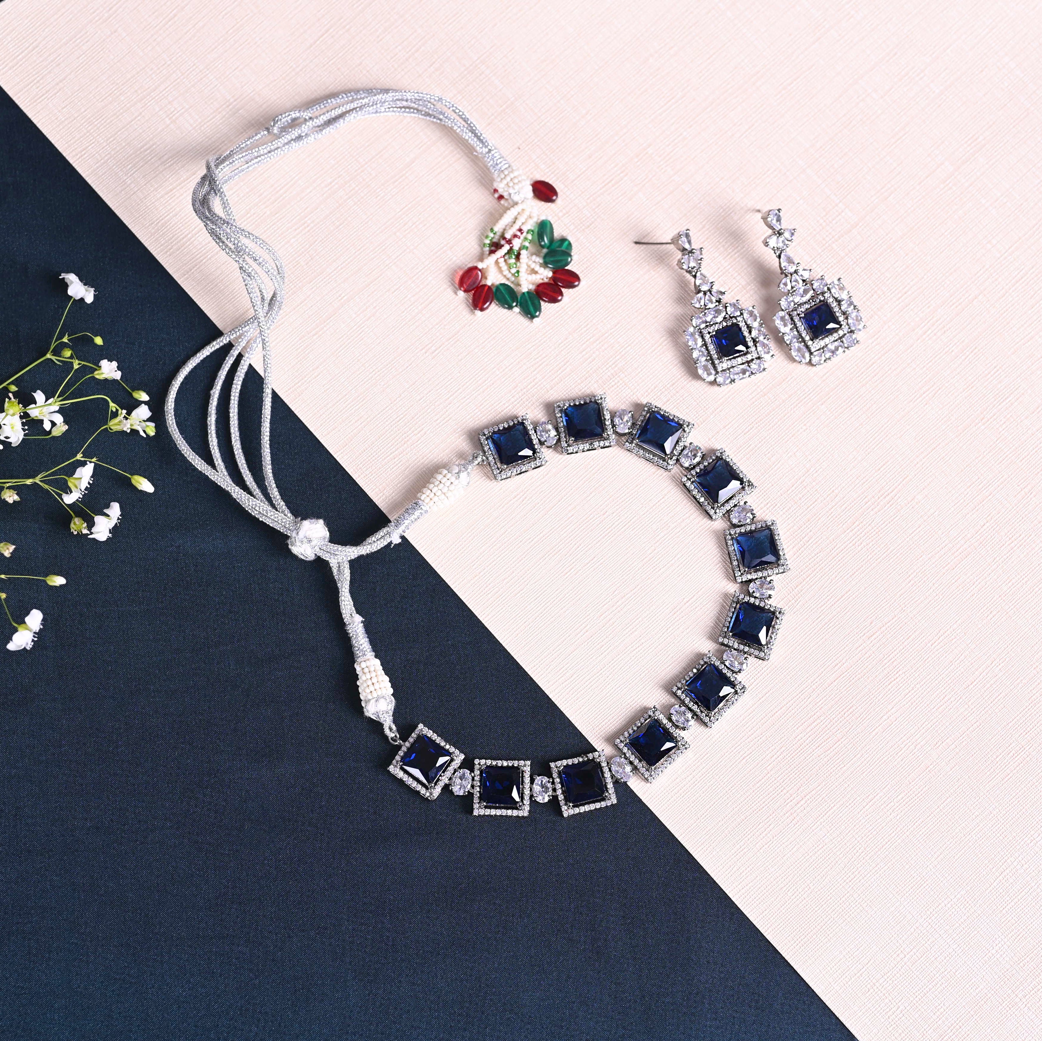 SJN1061- Blue Colour Faux Diamond Choker with Earrings