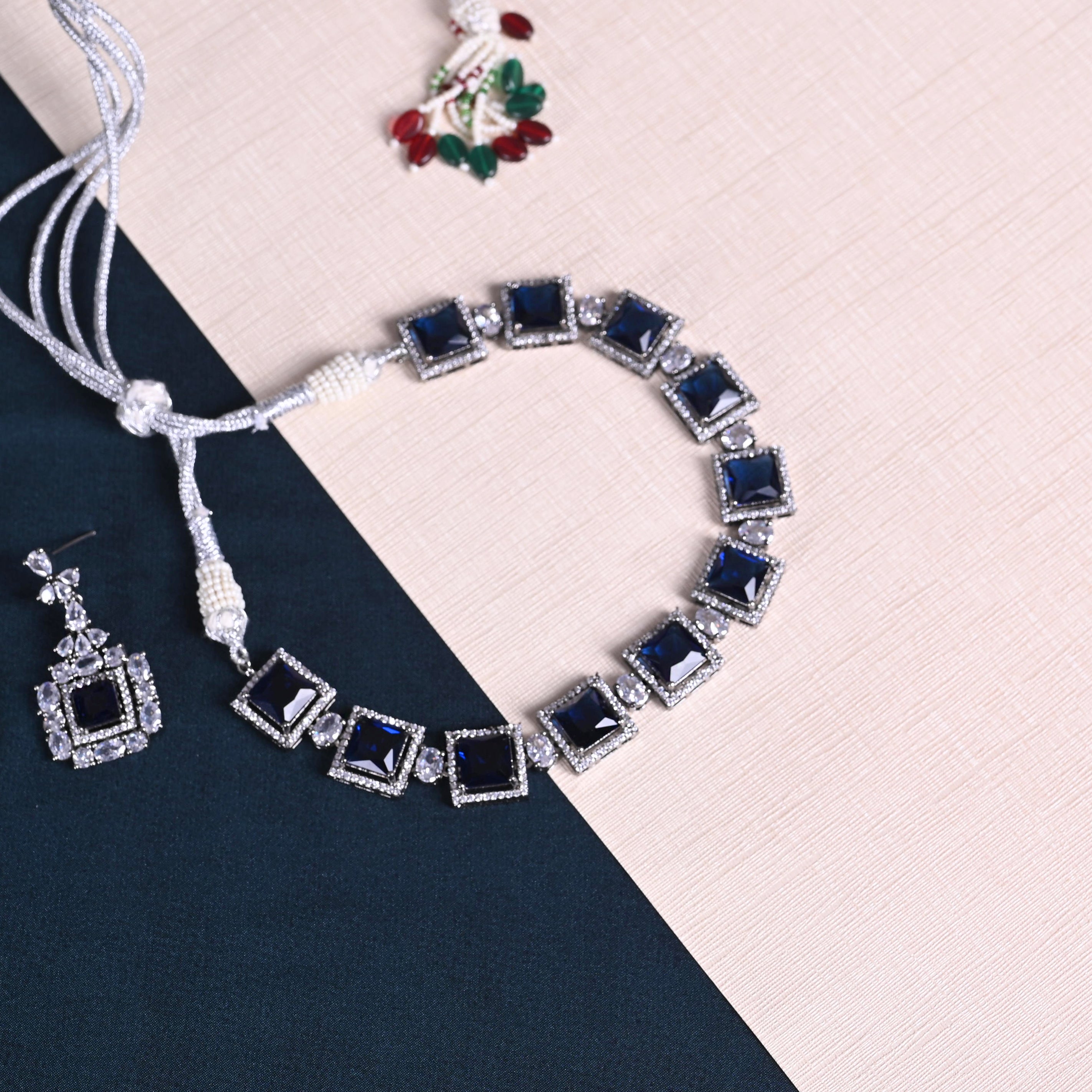 SJN1061- Blue Colour Faux Diamond Choker with Earrings
