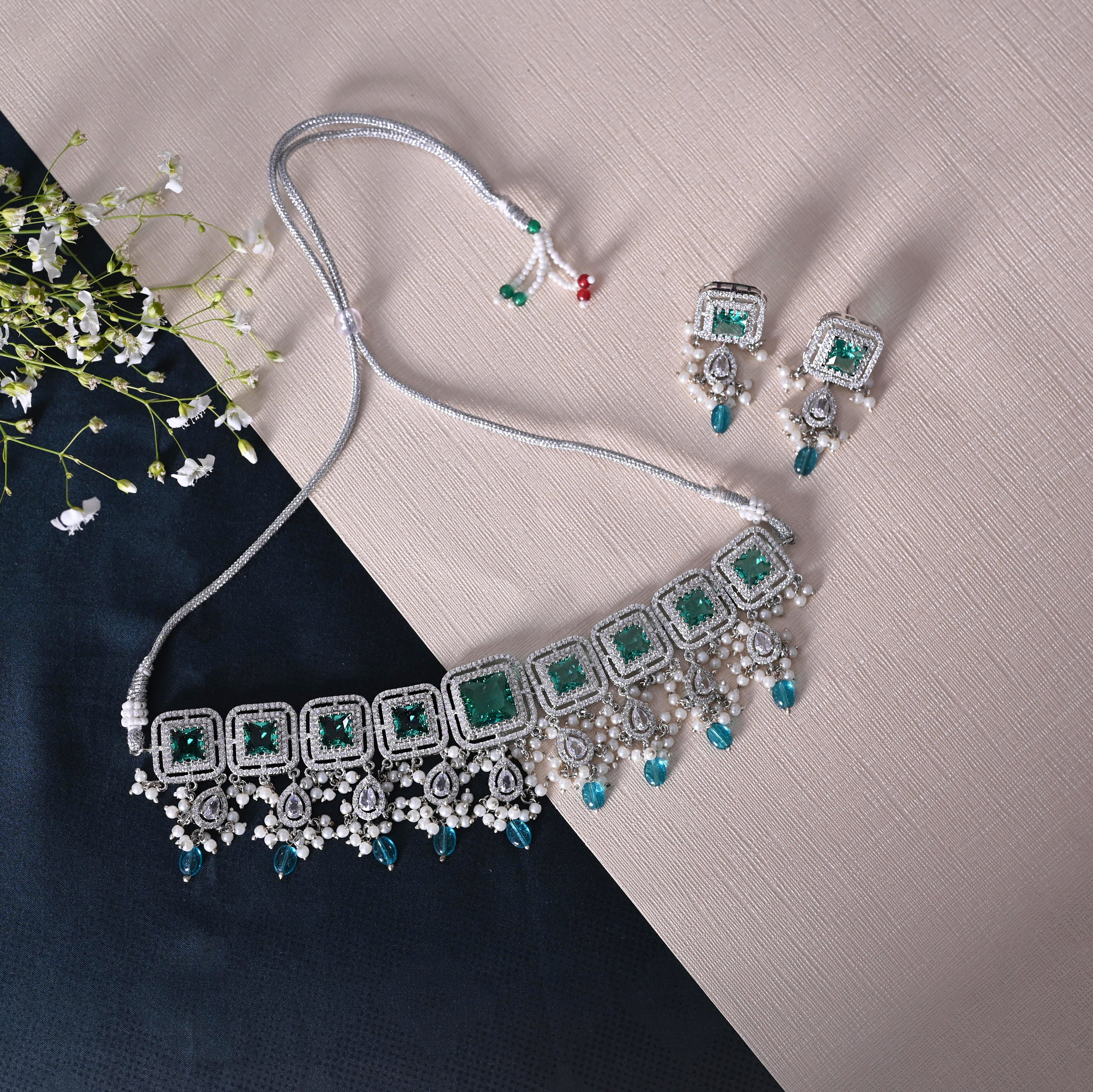 SJN1062- Purple Colour Silver Plated Faux Diamond Choker with Earrings