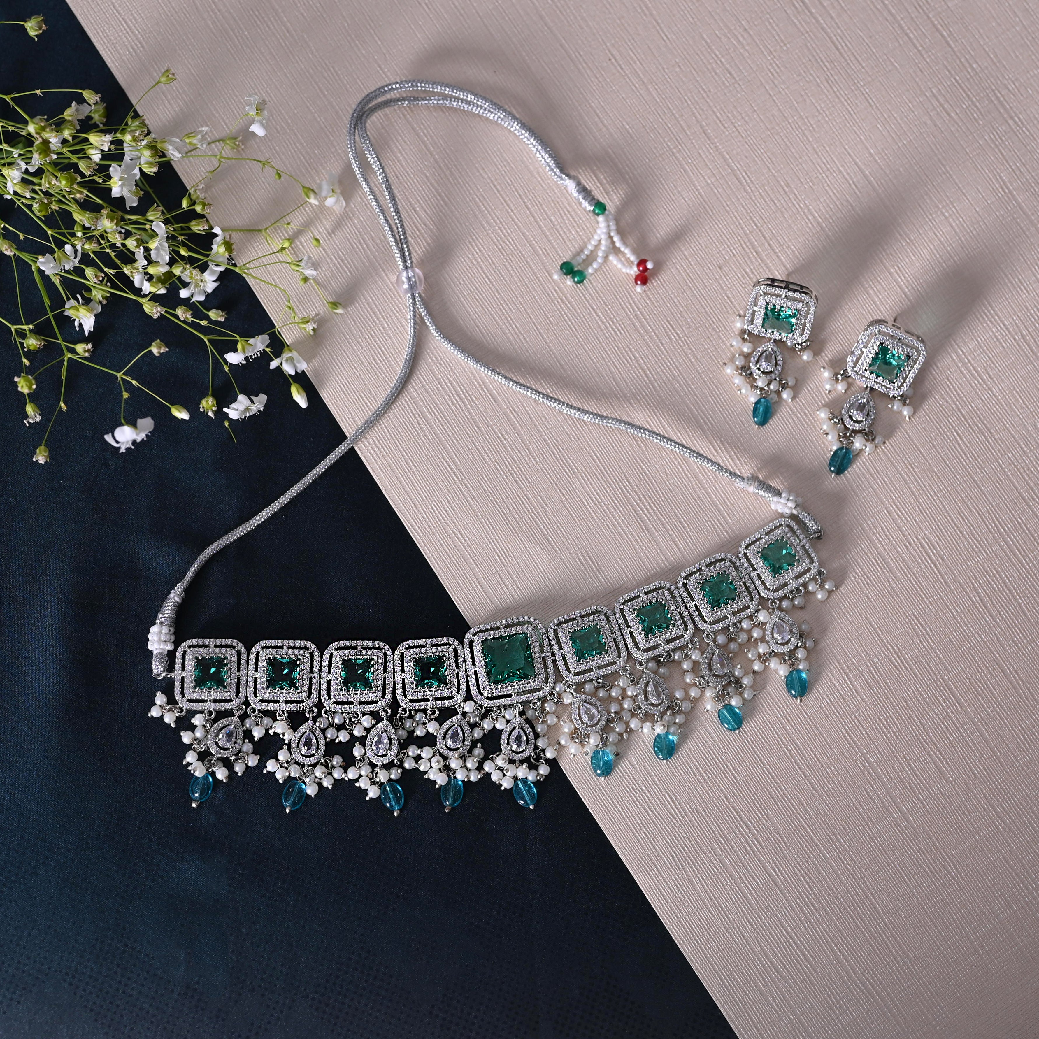SJN1062- Mint Green Colour Silver Plated Faux Diamond Choker with Earrings