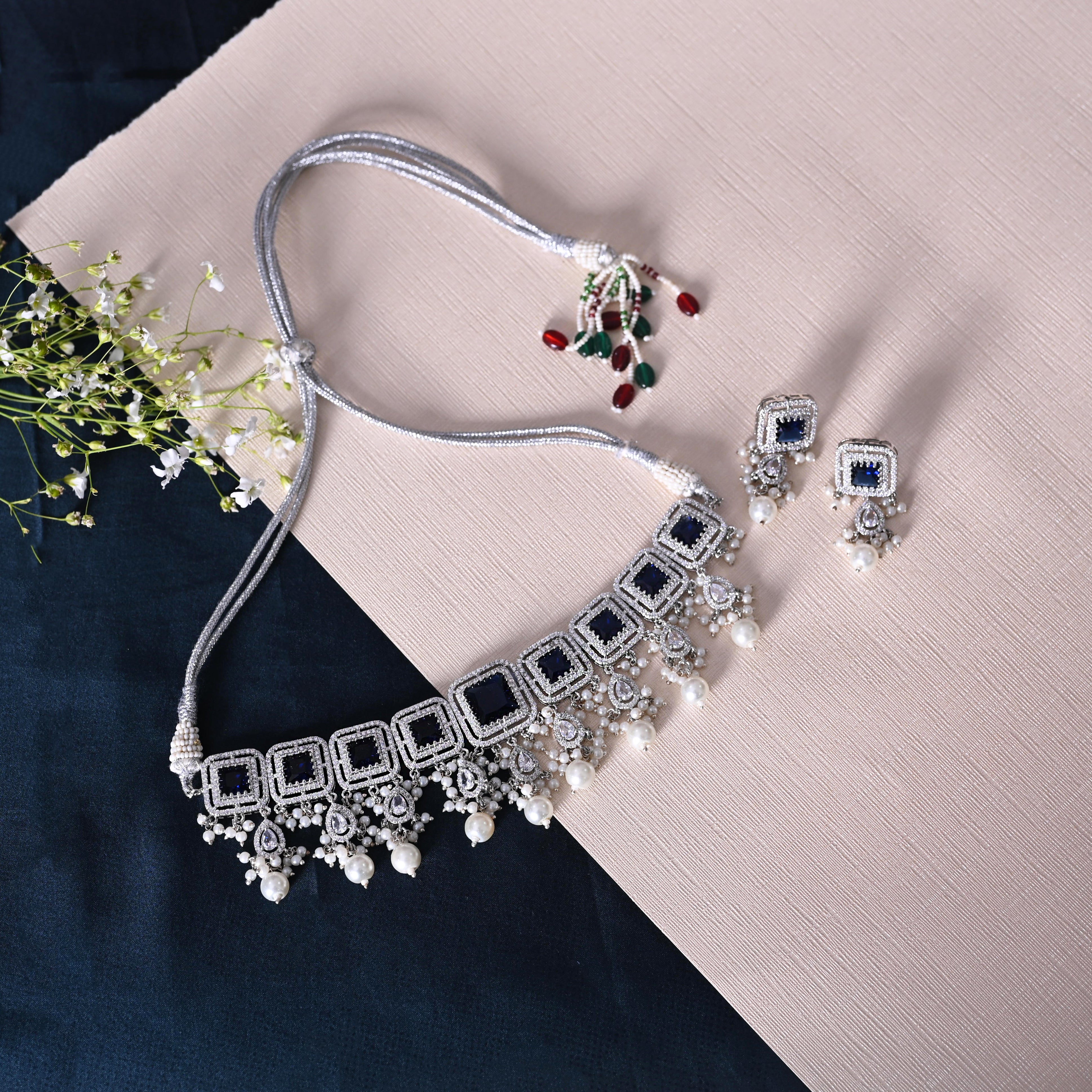 SJN1062- Purple Colour Silver Plated Faux Diamond Choker with Earrings