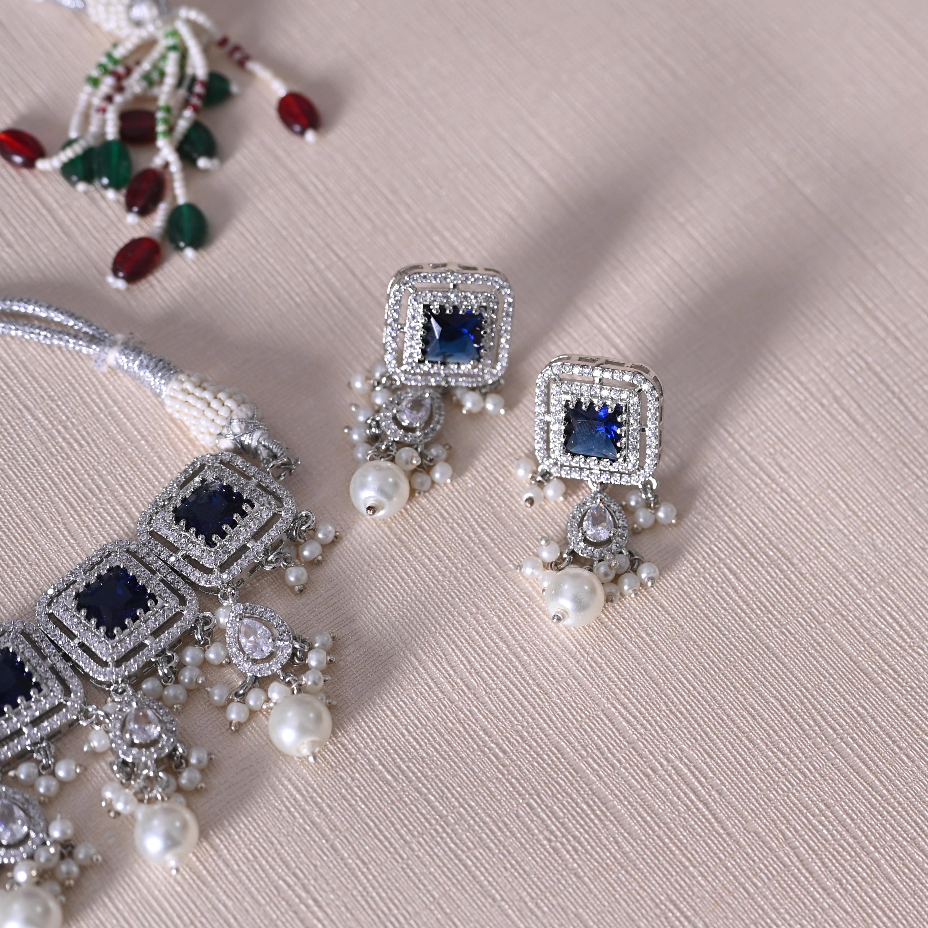 SJN1062- Blue Colour Silver Plated Faux Diamond Choker with Earrings