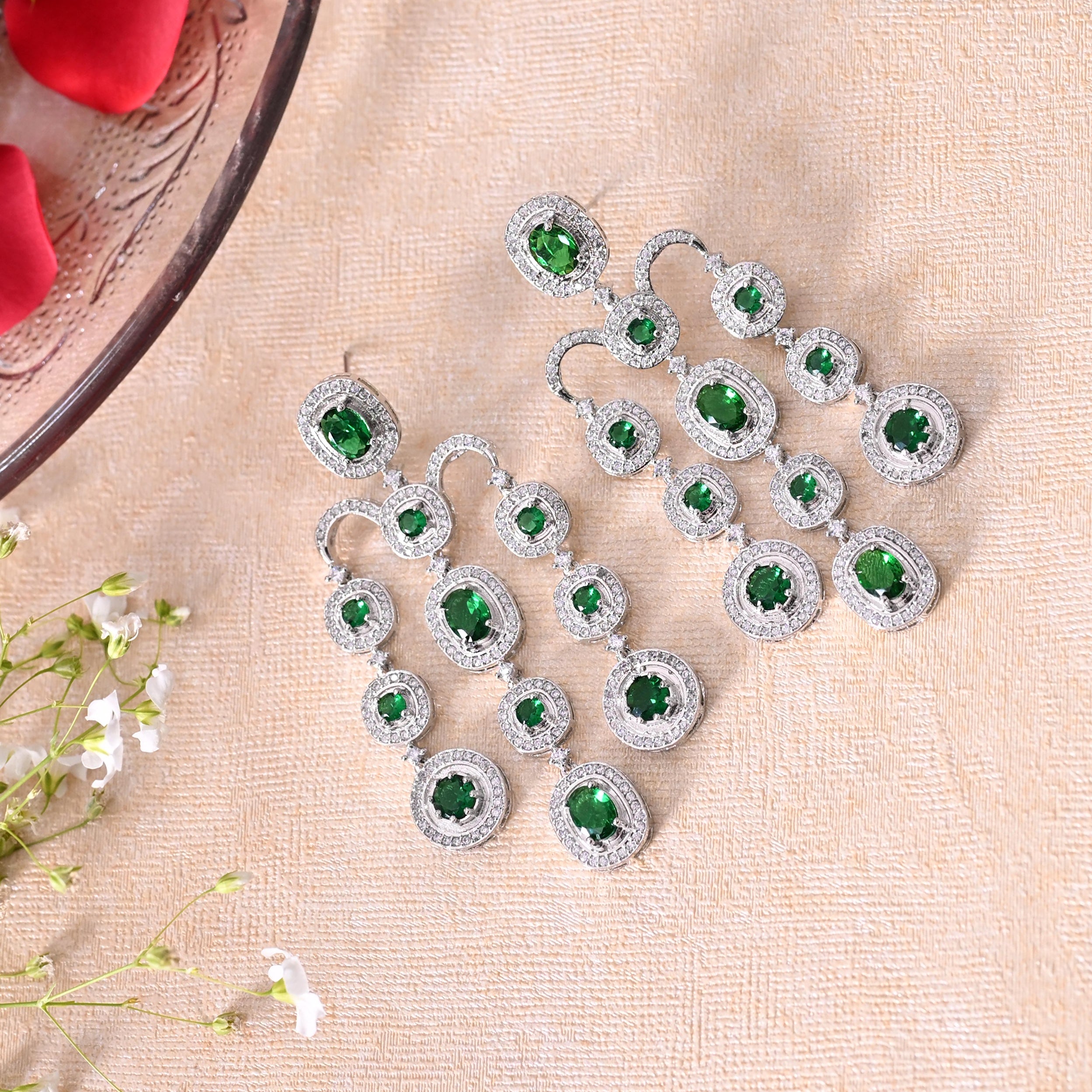 SJE1090- Ruby Colour Silver Plated Faux Diamond Dangler Earrings