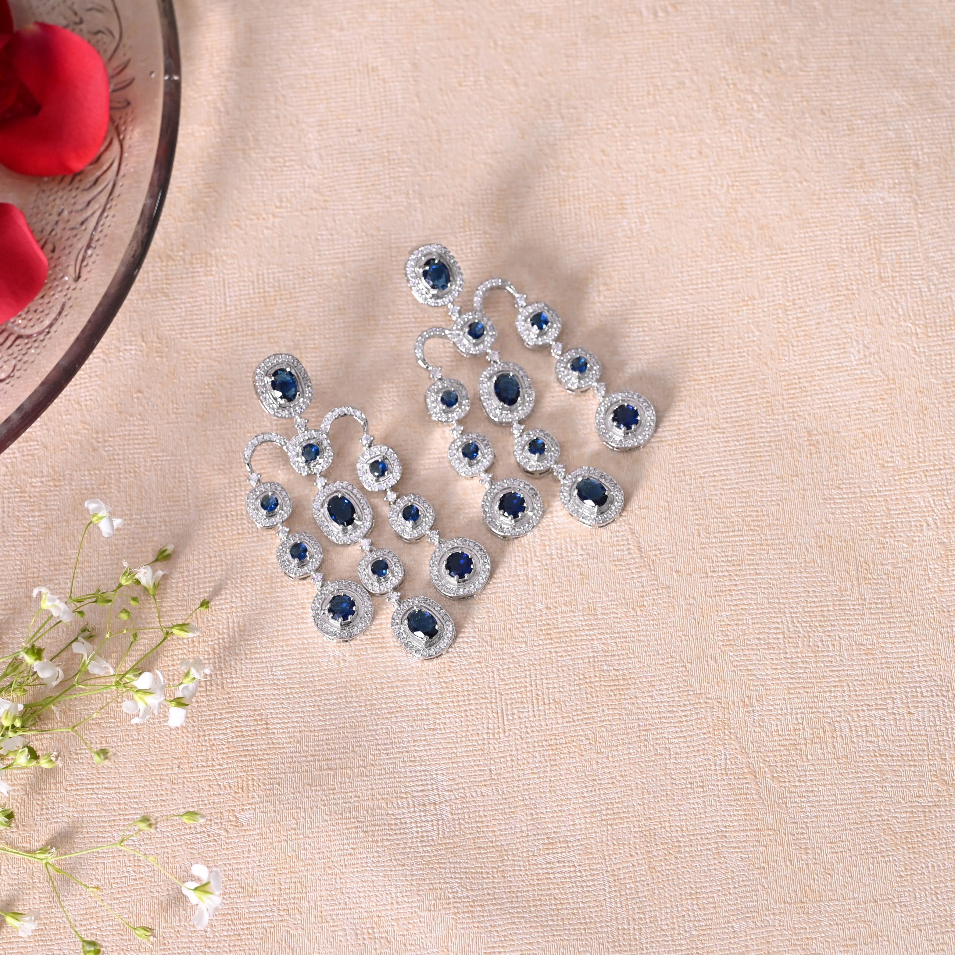SJE1090- Blue Colour Silver Plated Faux Diamond Dangler Earrings