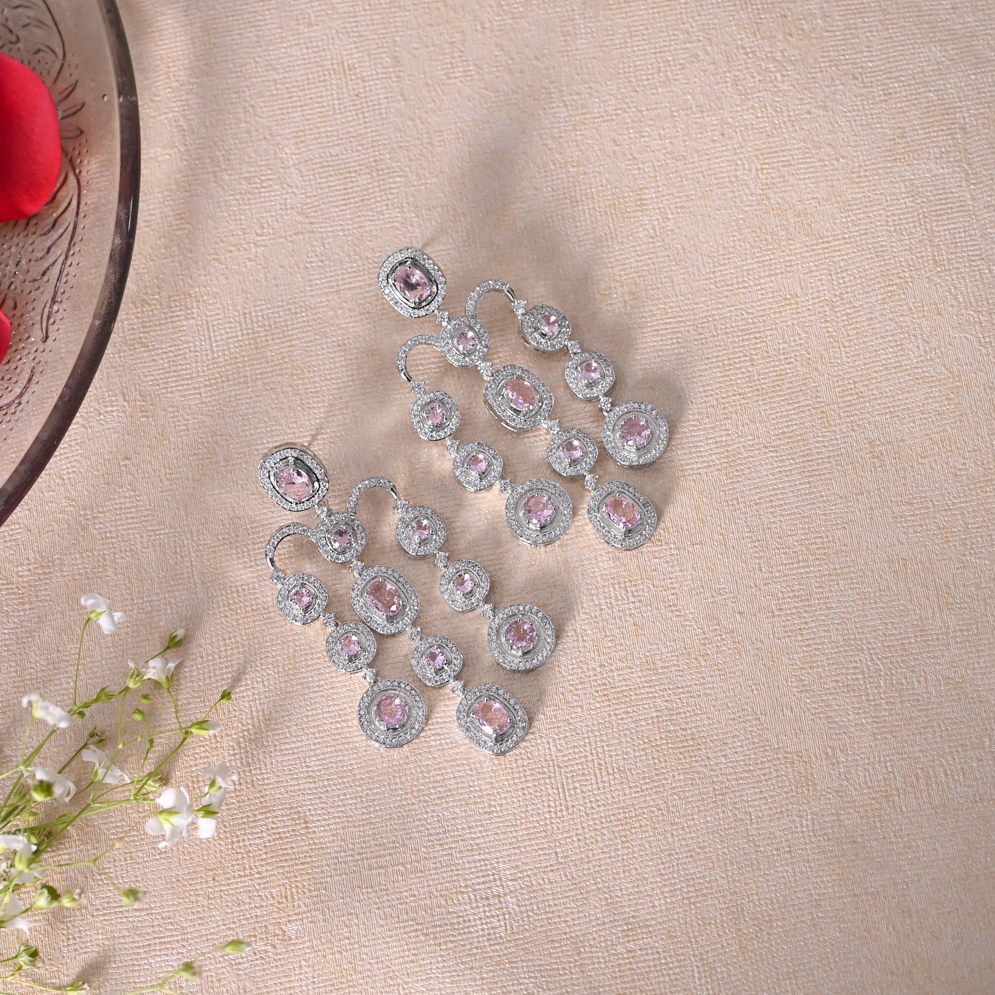 SJE1090- Pink Colour Silver Plated Faux Diamond Dangler Earrings