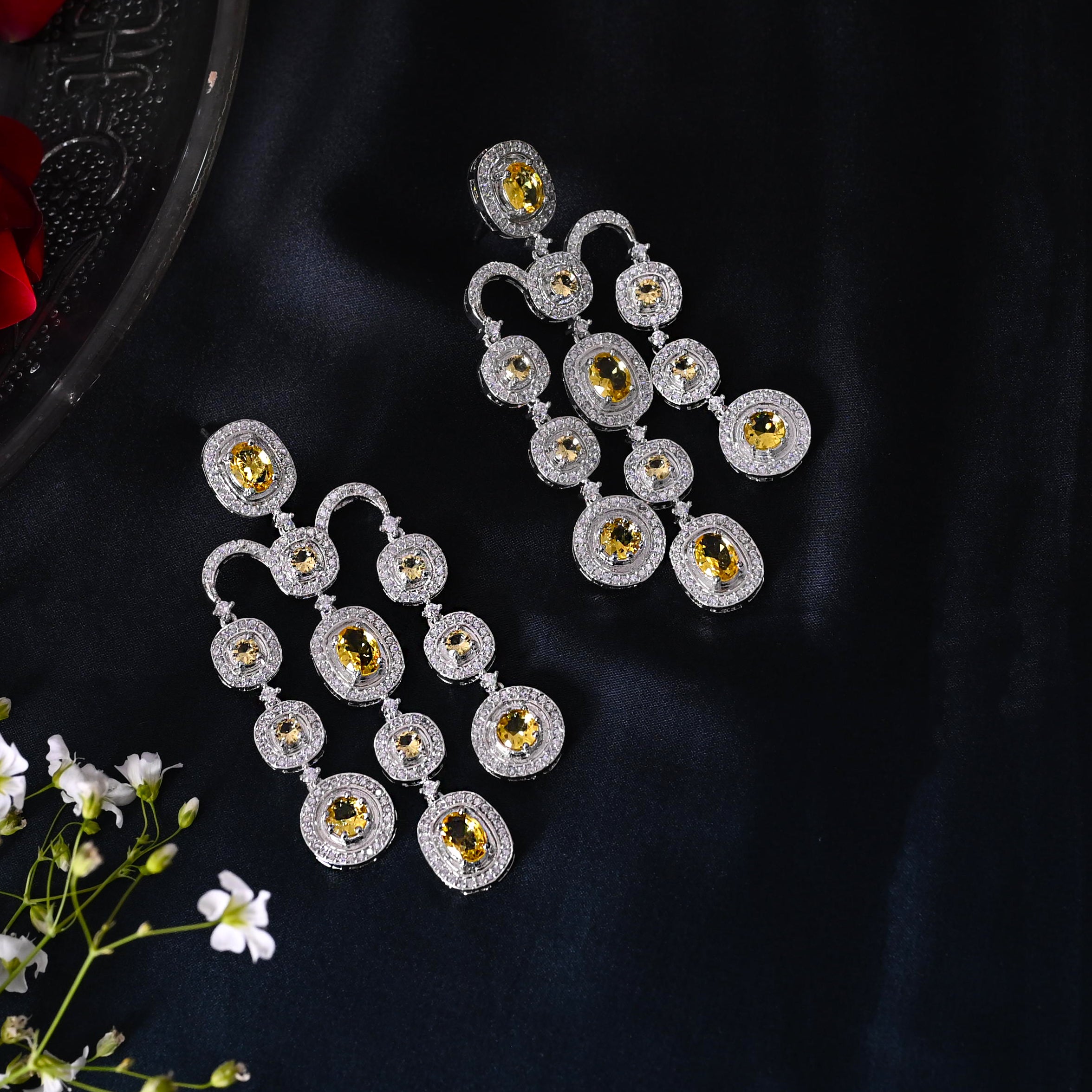 SJE1090- Ruby Colour Silver Plated Faux Diamond Dangler Earrings