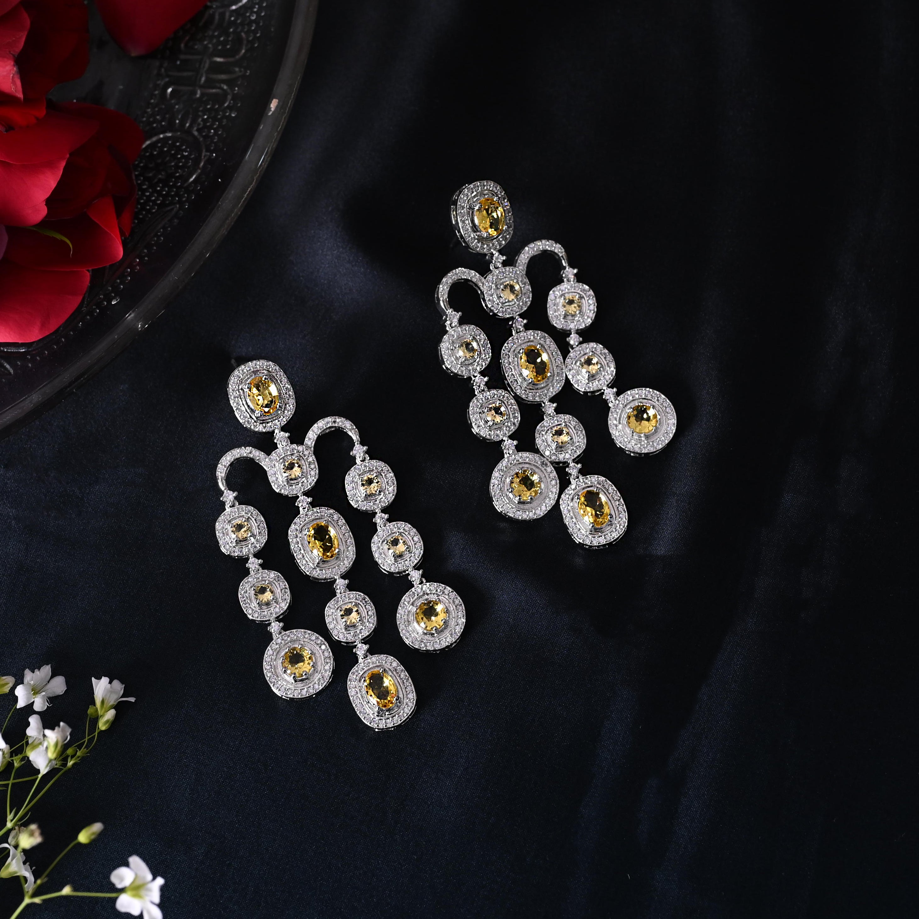 SJE1090- Yellow Colour Silver Plated Faux Diamond Dangler Earrings