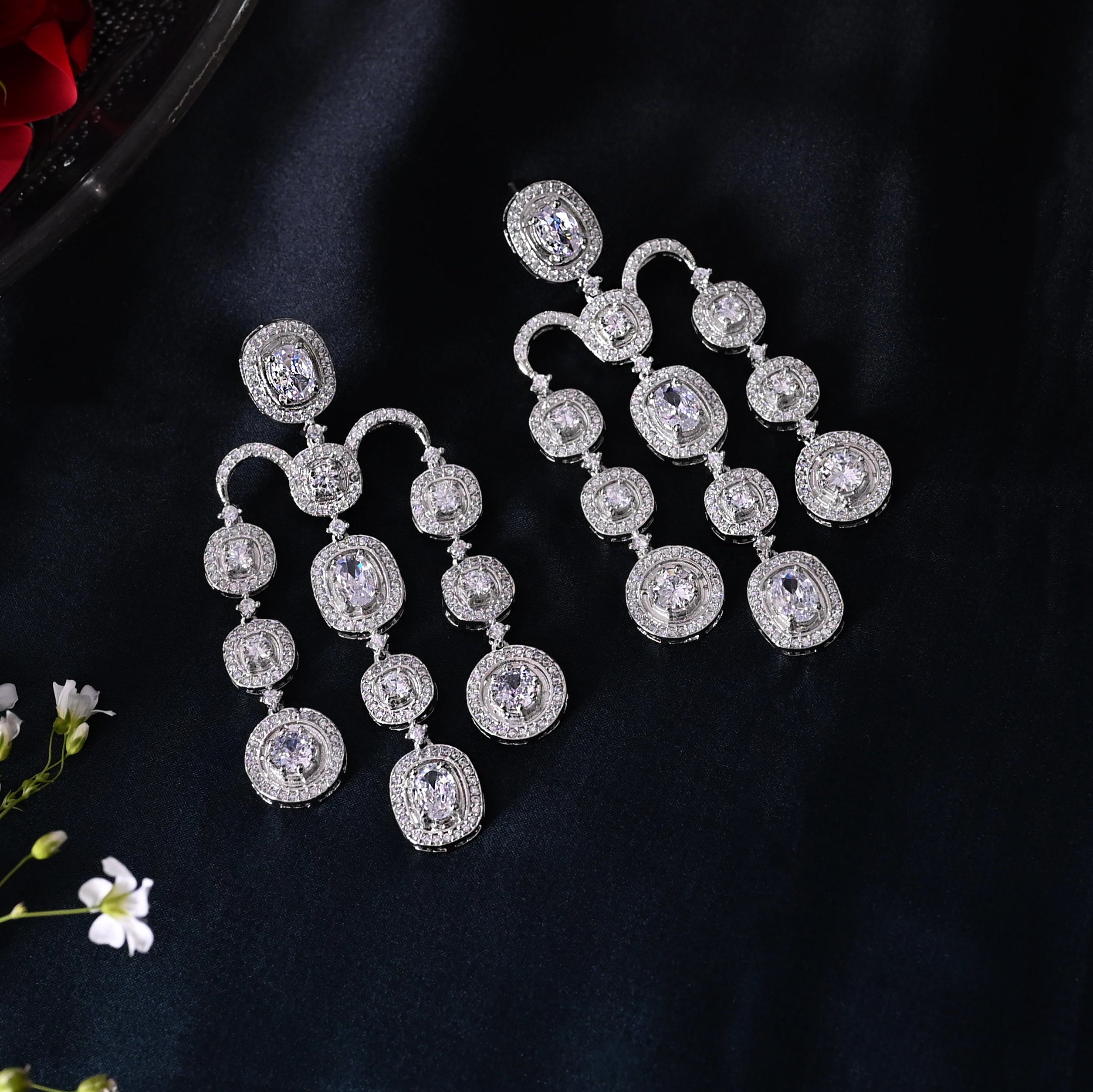 SJE1090- Ruby Colour Silver Plated Faux Diamond Dangler Earrings