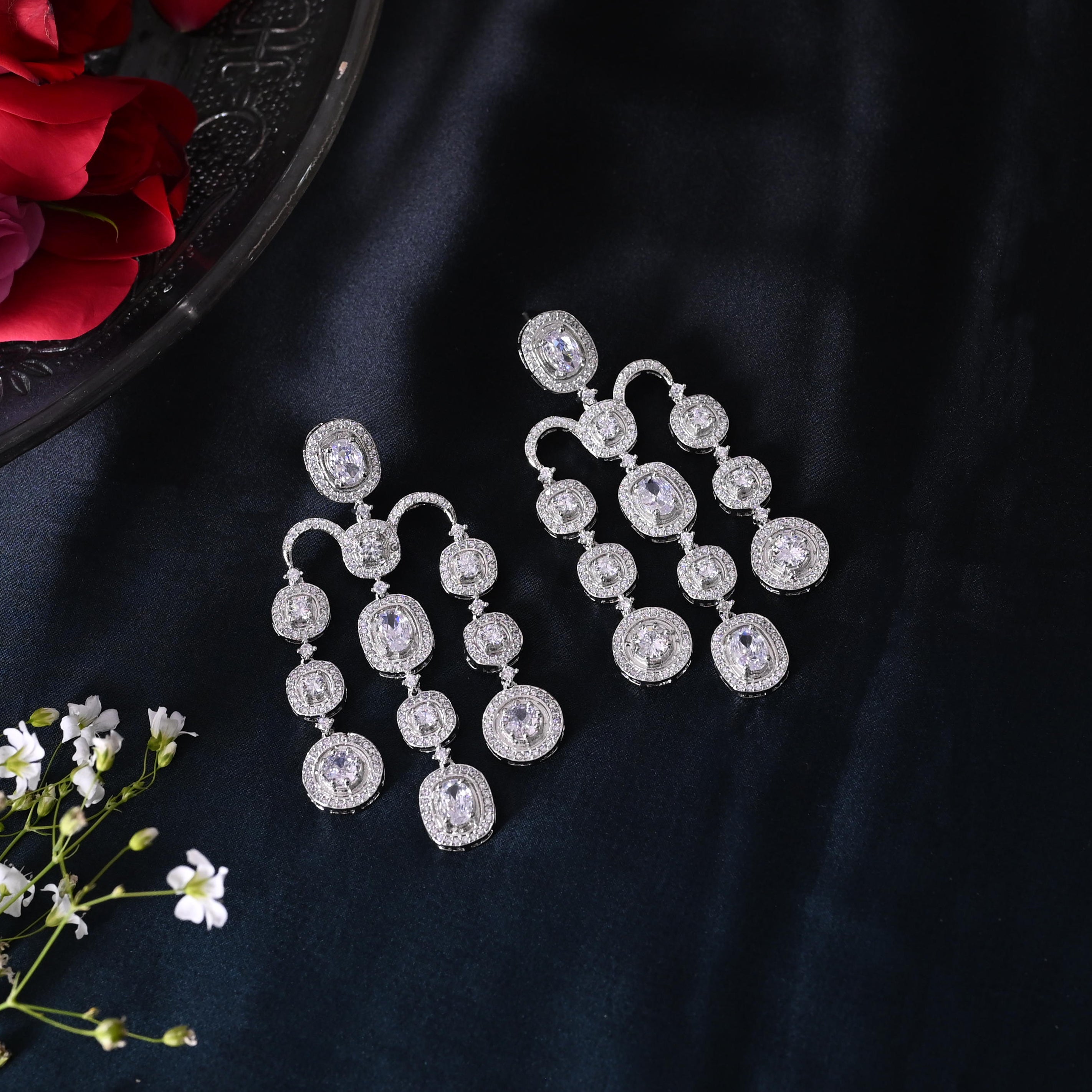 SJE1090- White Colour Silver Plated Faux Diamond Dangler Earrings
