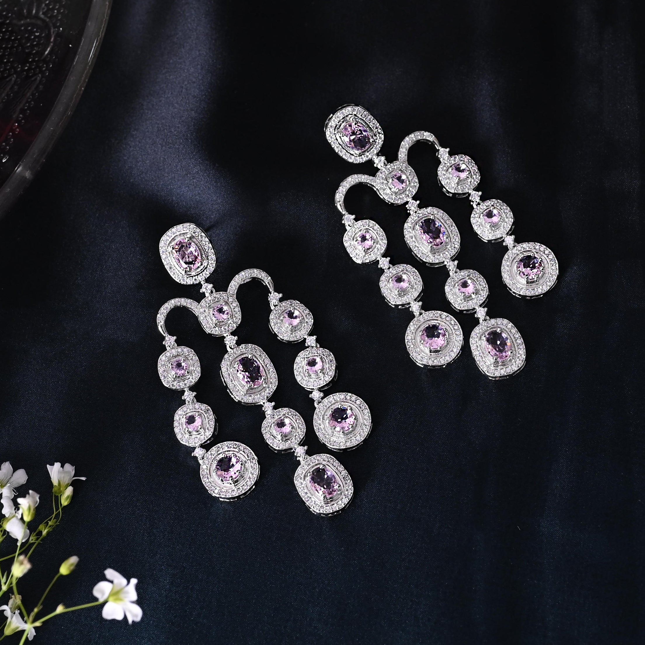 SJE1090- Ruby Colour Silver Plated Faux Diamond Dangler Earrings