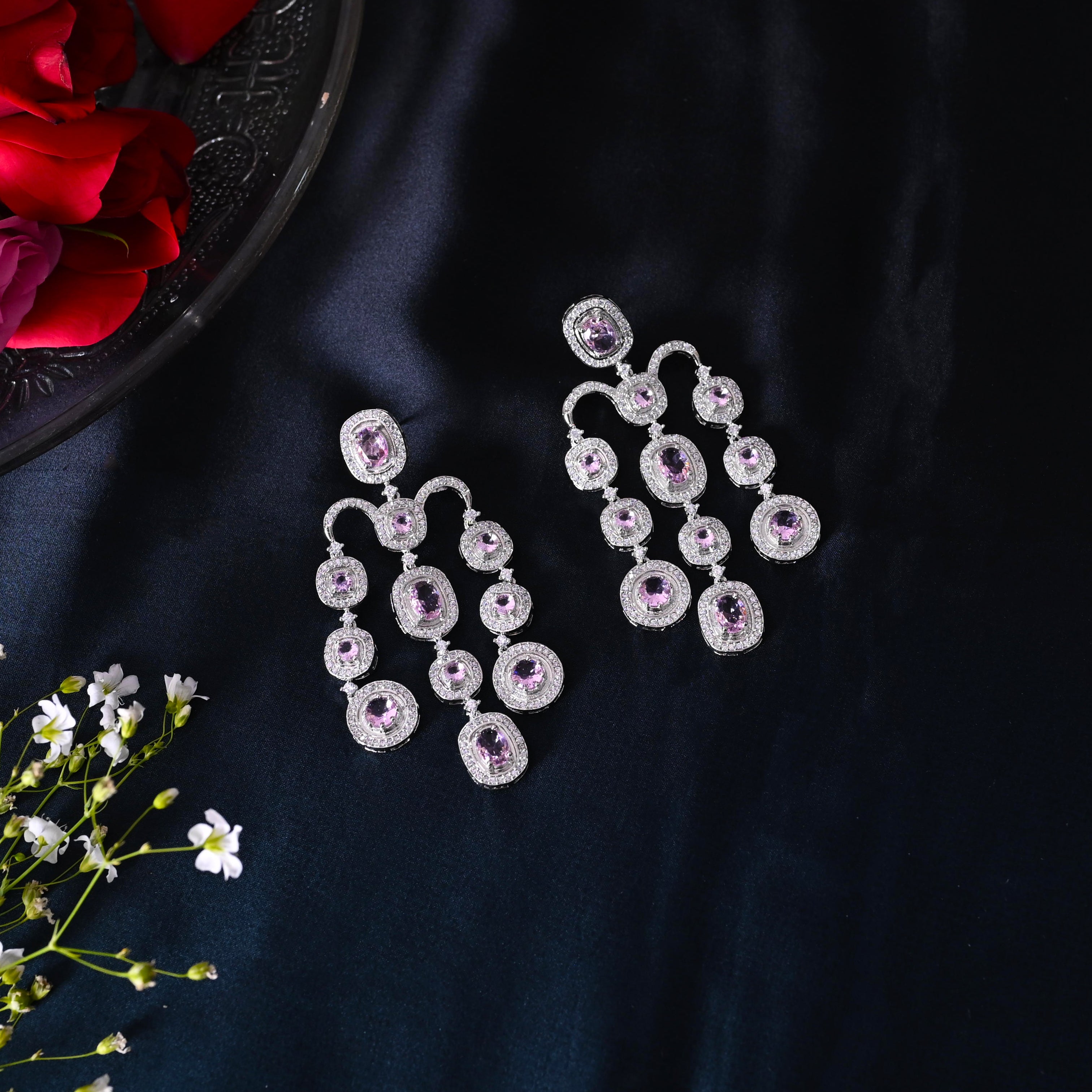 SJE1090- Pink Colour Silver Plated Faux Diamond Dangler Earrings
