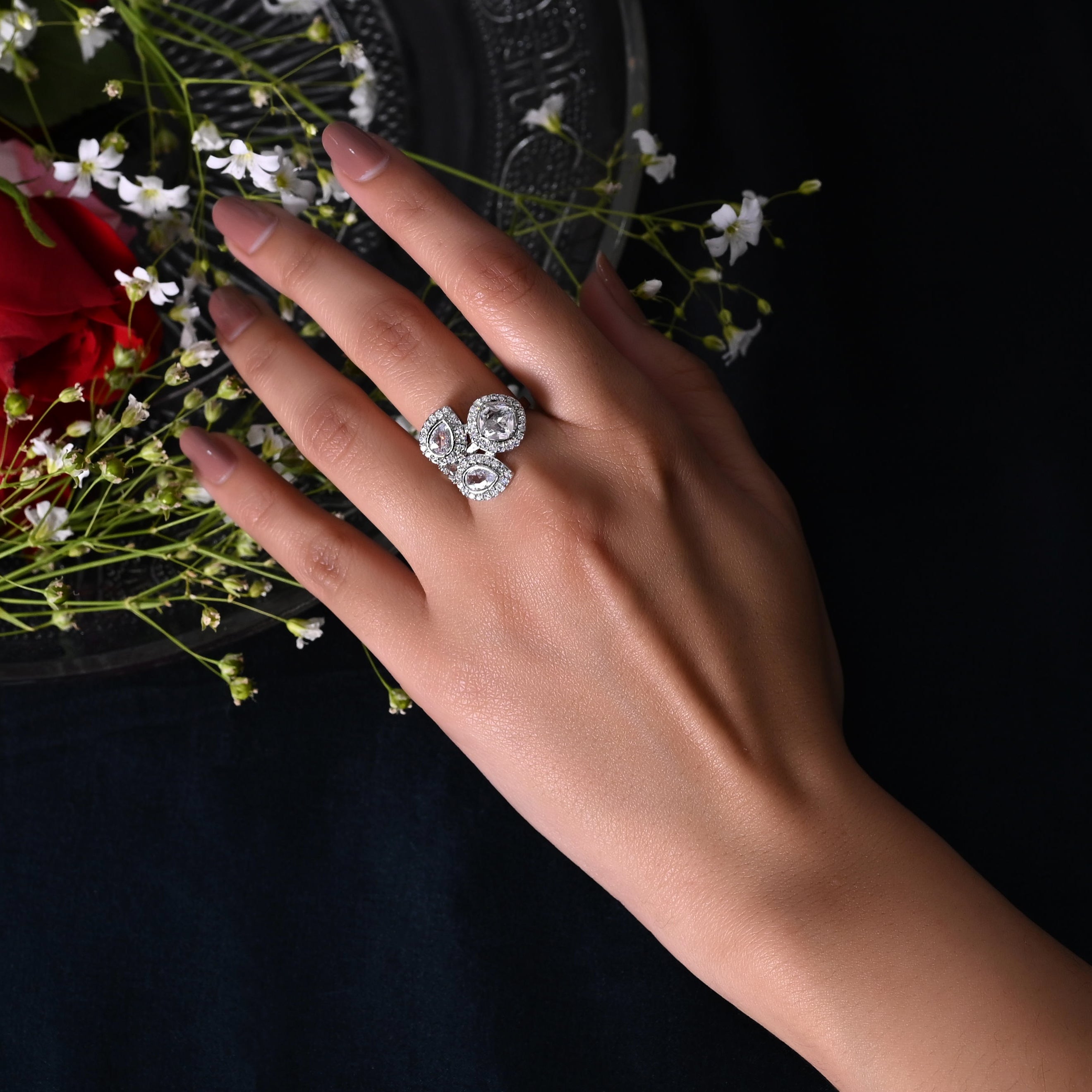 SJR0028- White Colour Silver Plated Faux Diamond Ring