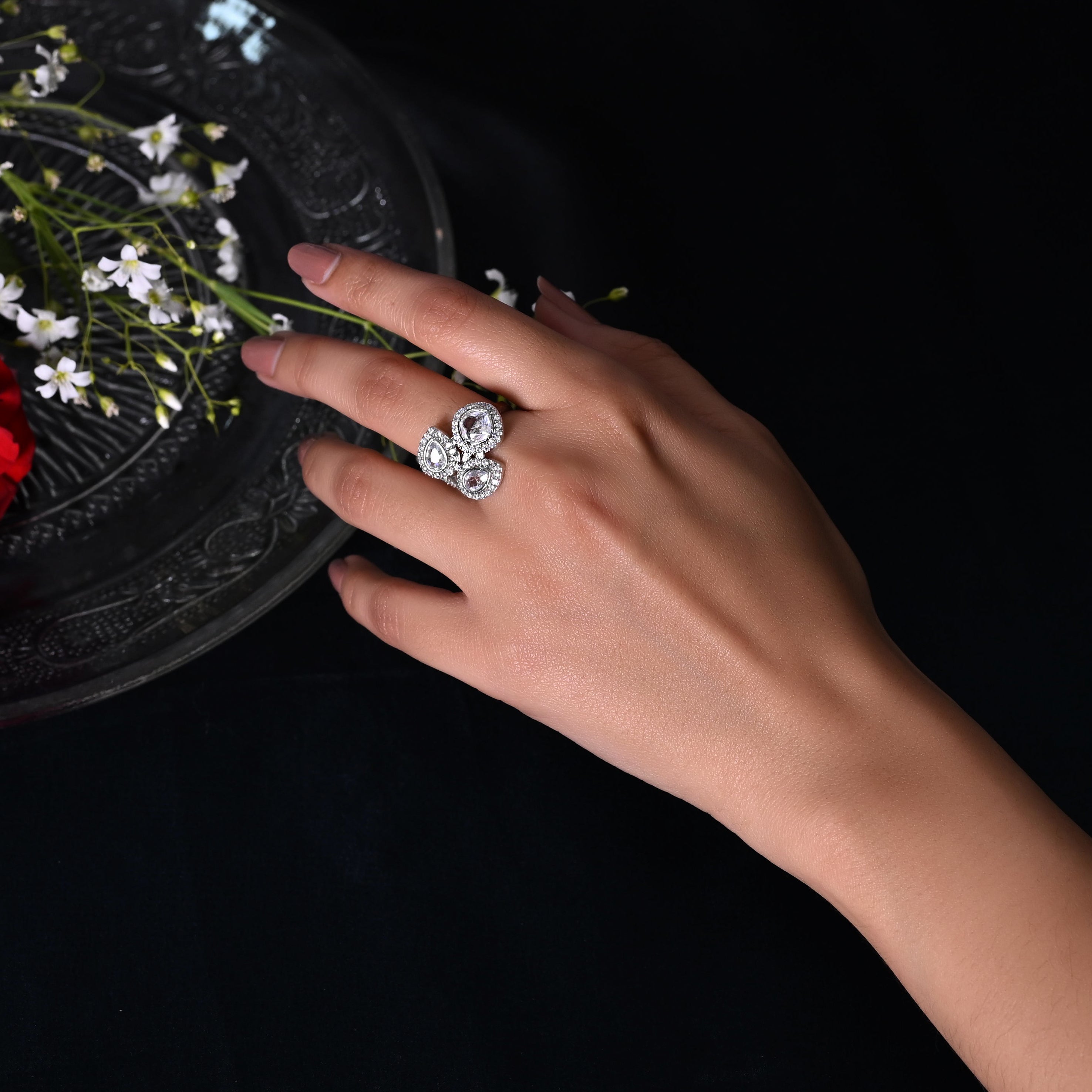 SJR0028- White Colour Silver Plated Faux Diamond Ring