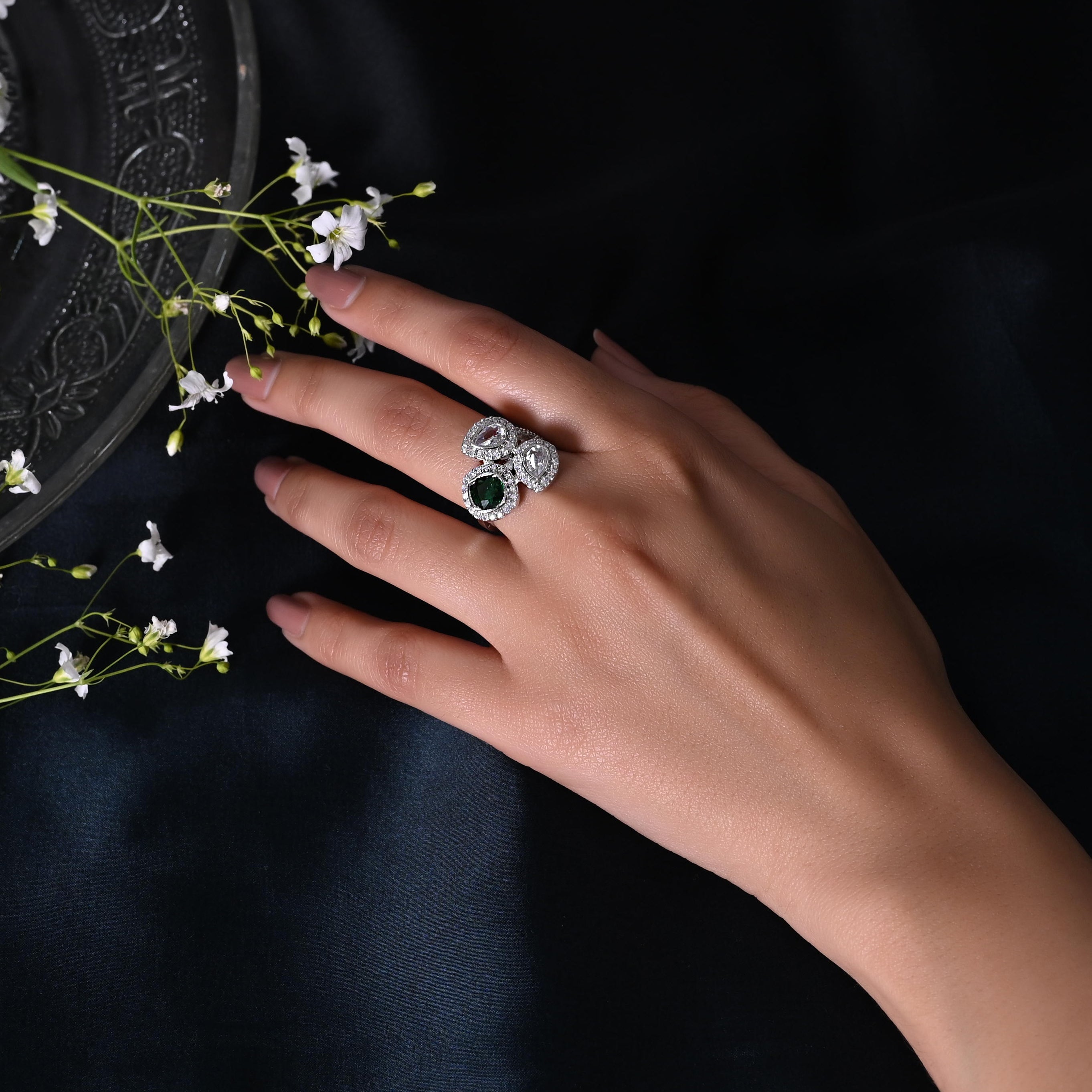 SJR0028- Green Colour Silver Plated Faux Diamond Ring