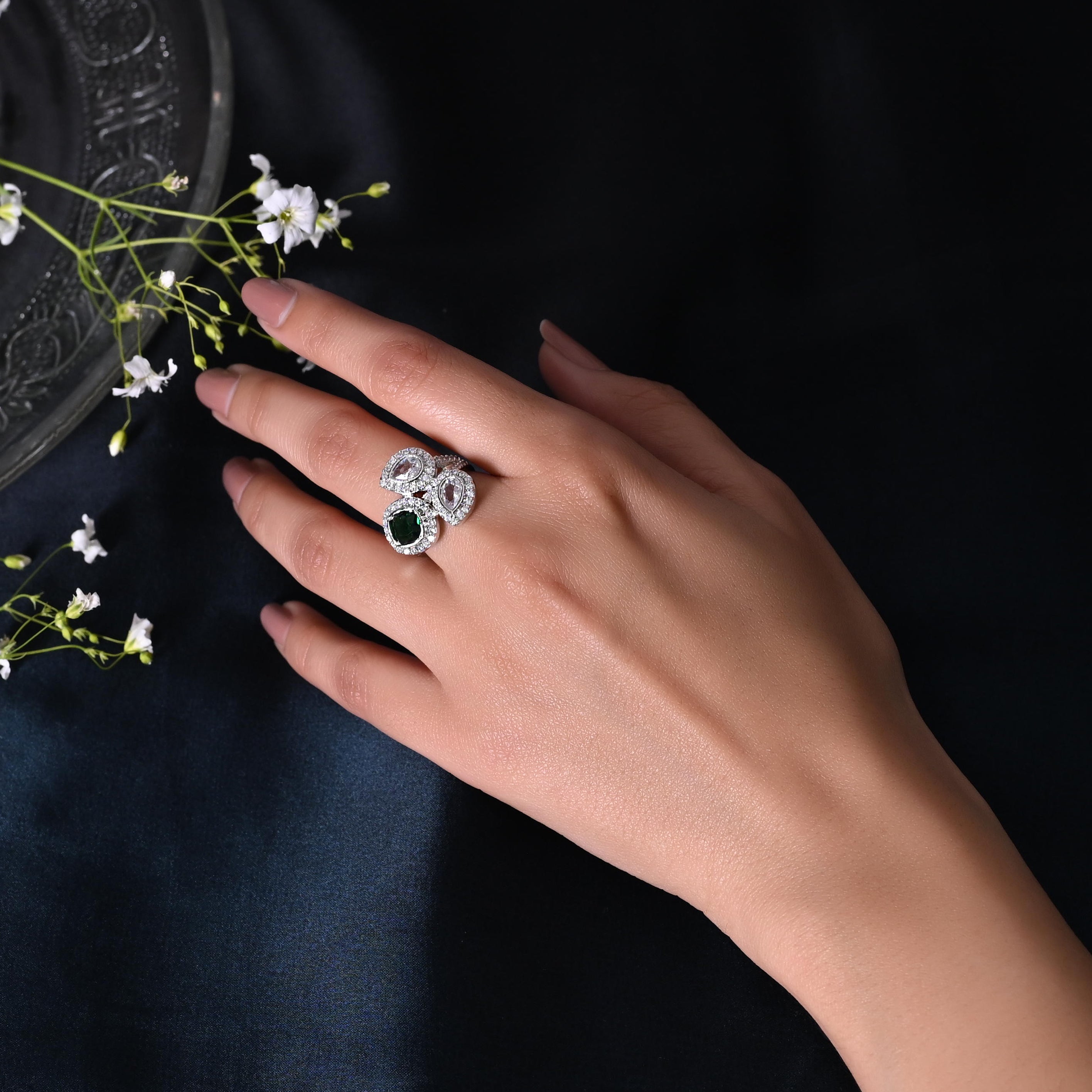 SJR0028- Green Colour Silver Plated Faux Diamond Ring