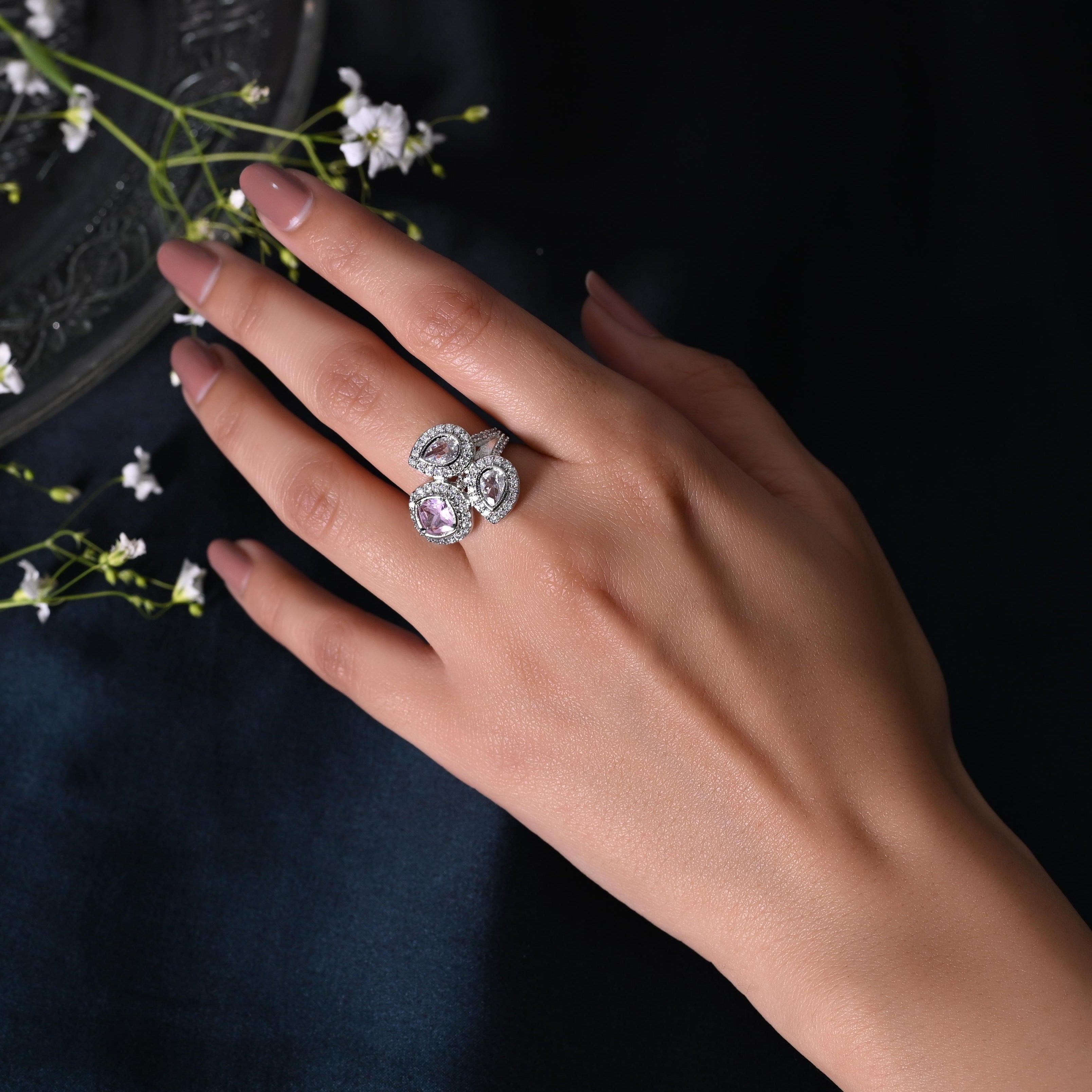 SJR0028- Pink Colour Silver Plated Faux Diamond Ring