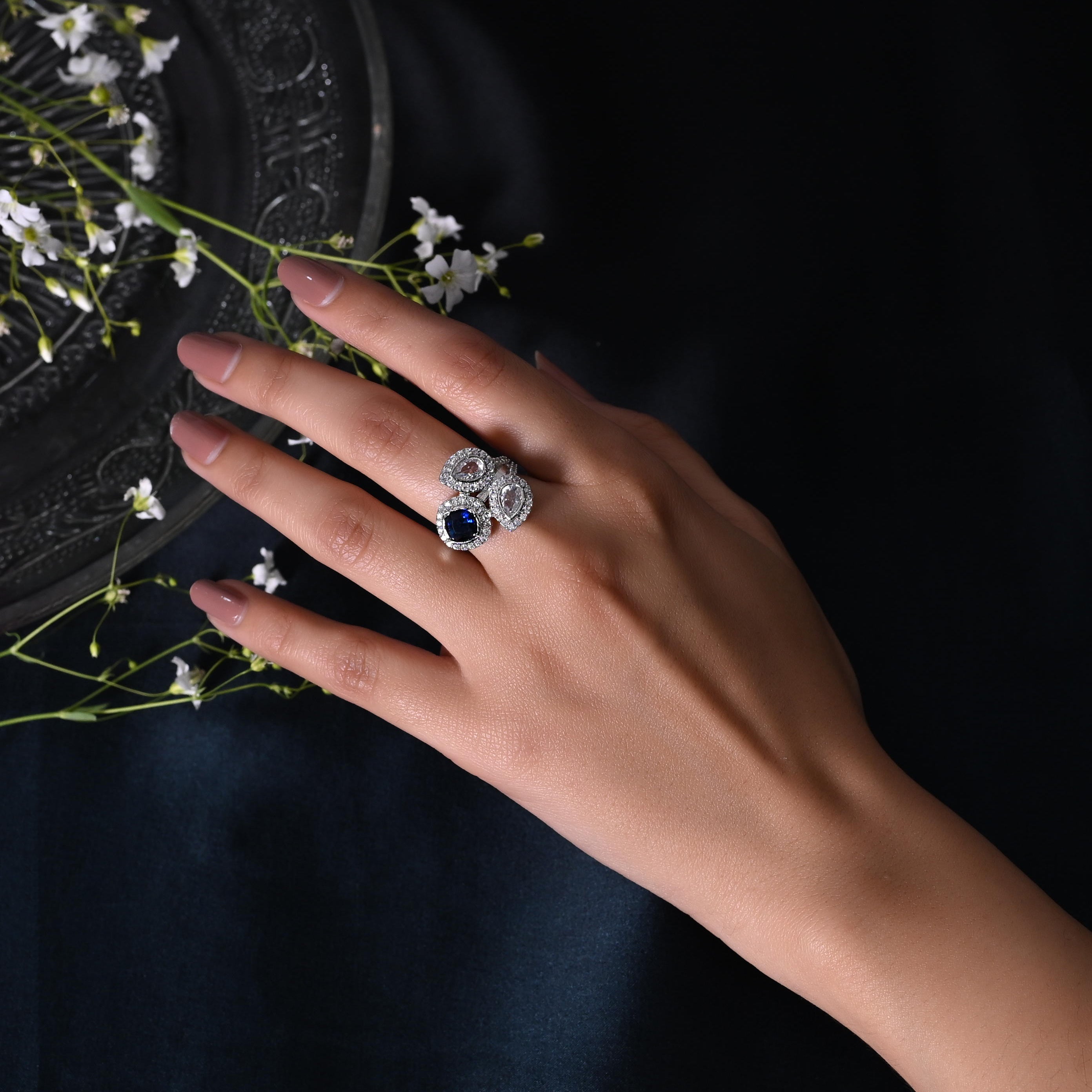 SJR0028- Blue Colour Silver Plated Faux Diamond Ring