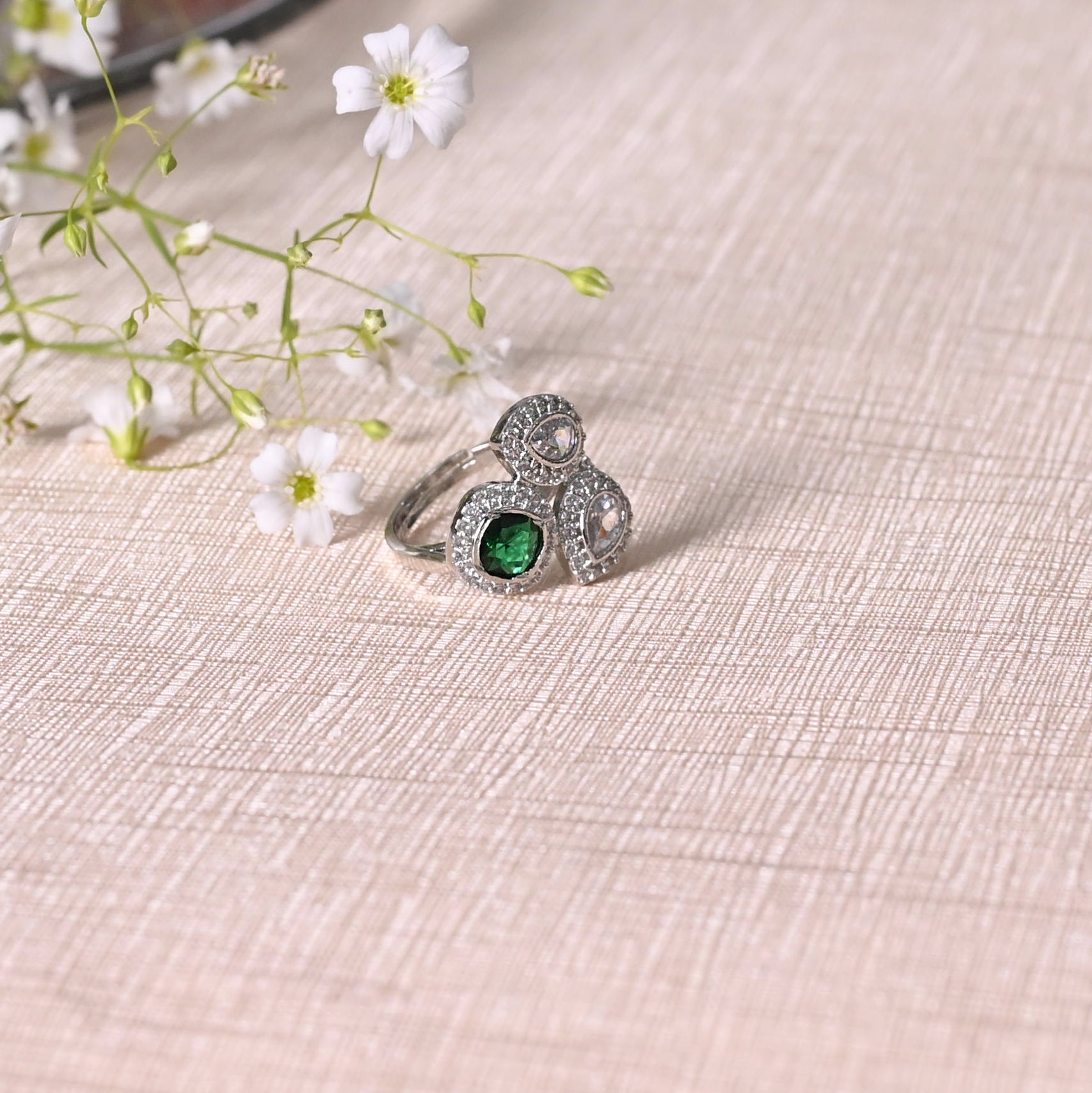 SJR0028- Green Colour Silver Plated Faux Diamond Ring