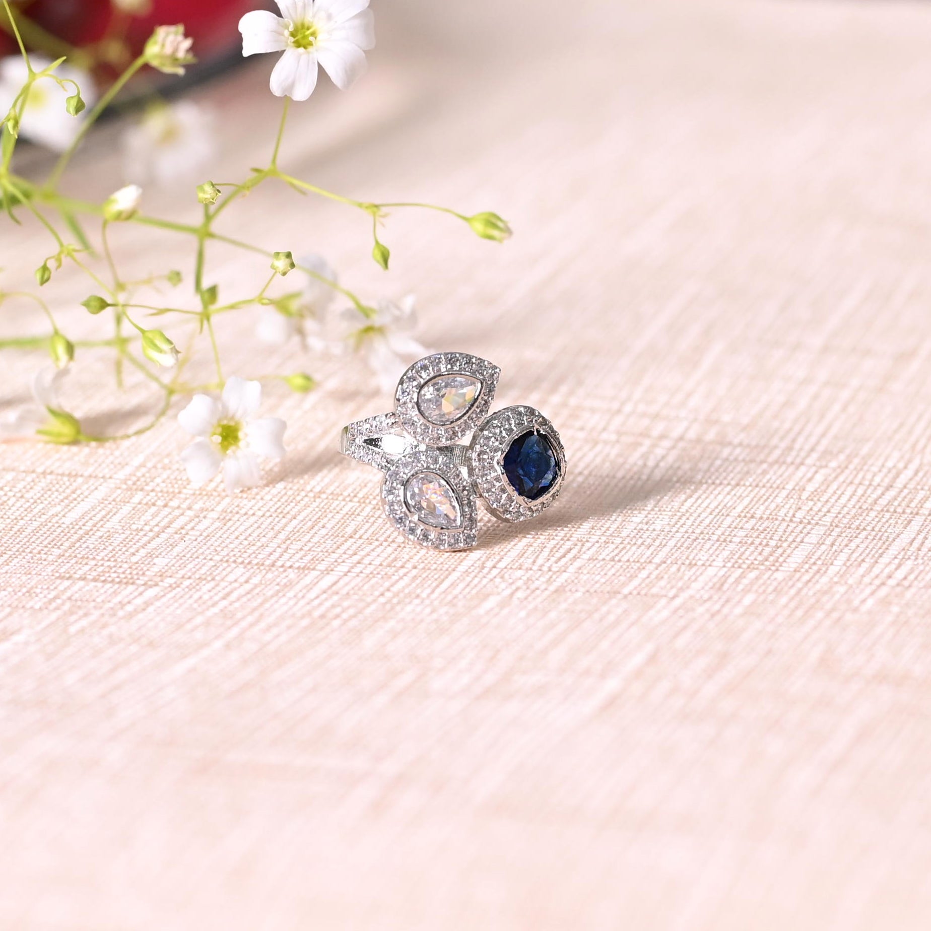 SJR0028- Blue Colour Silver Plated Faux Diamond Ring