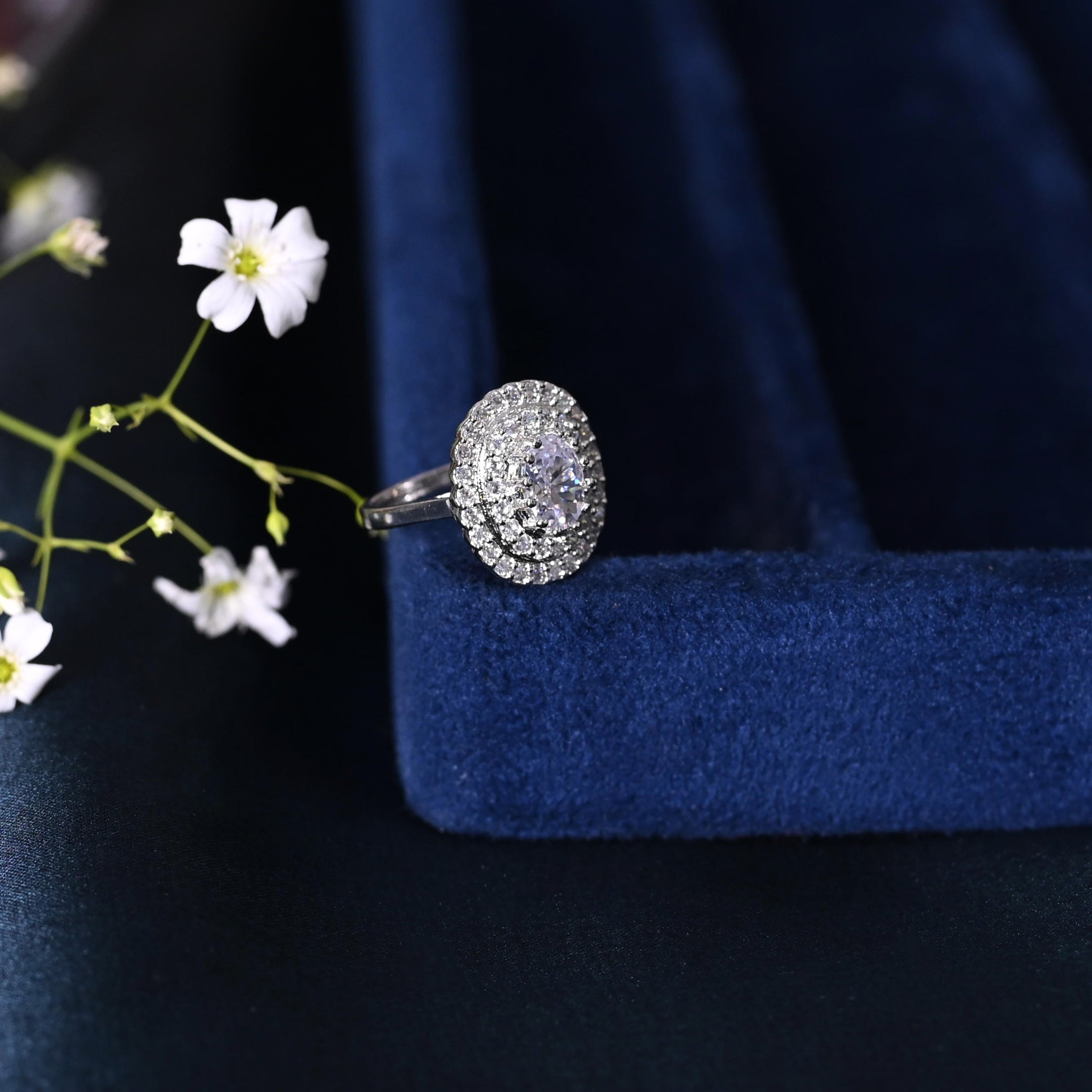 SJR0029- Blue Colour Silver Plated Faux Diamond Ring