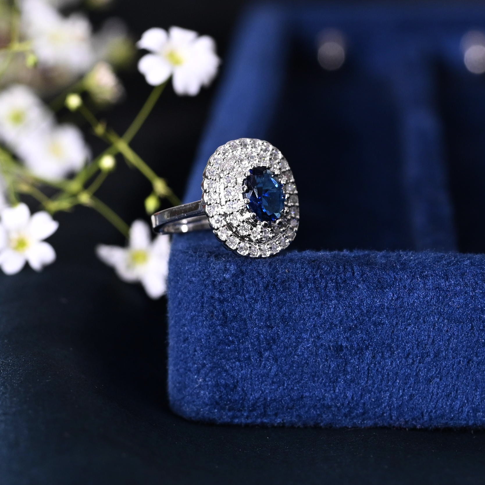 SJR0029- Blue Colour Silver Plated Faux Diamond Ring