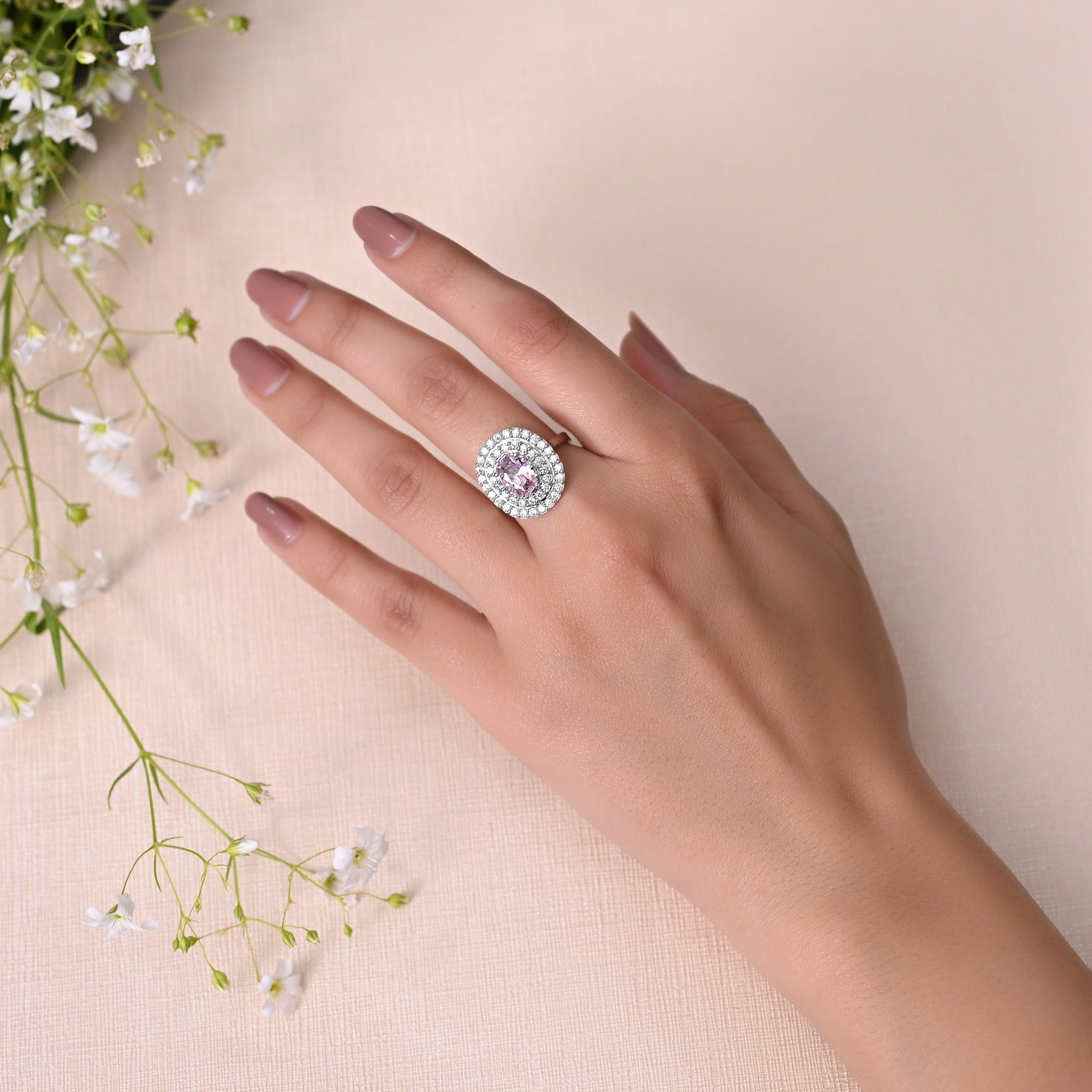 SJR0029- Pink Colour Silver Plated Faux Diamond Silver Plated Ring