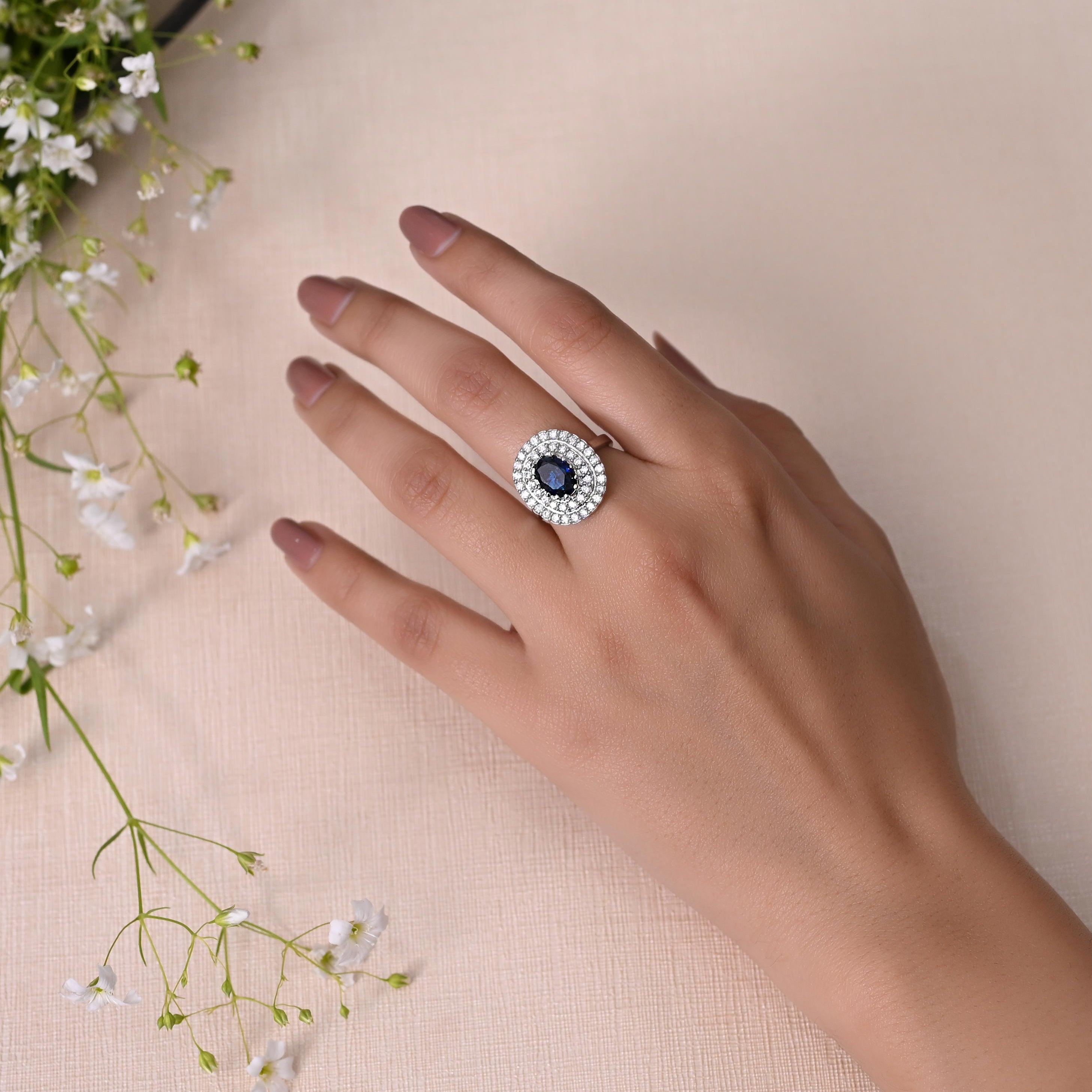 SJR0029- Blue Colour Silver Plated Faux Diamond Ring