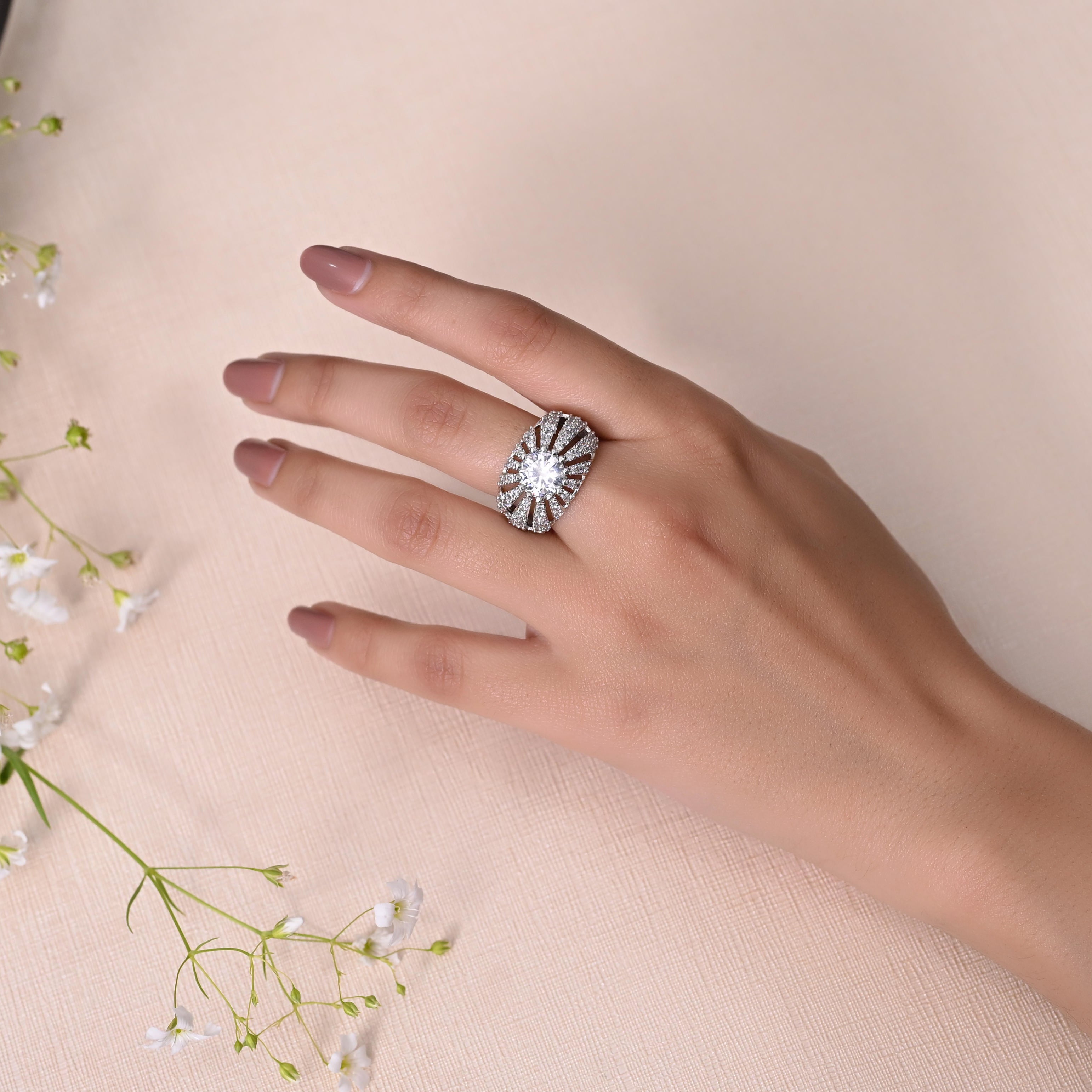 SJR0030- White Colour Silver Plated Faux Diamond Ring