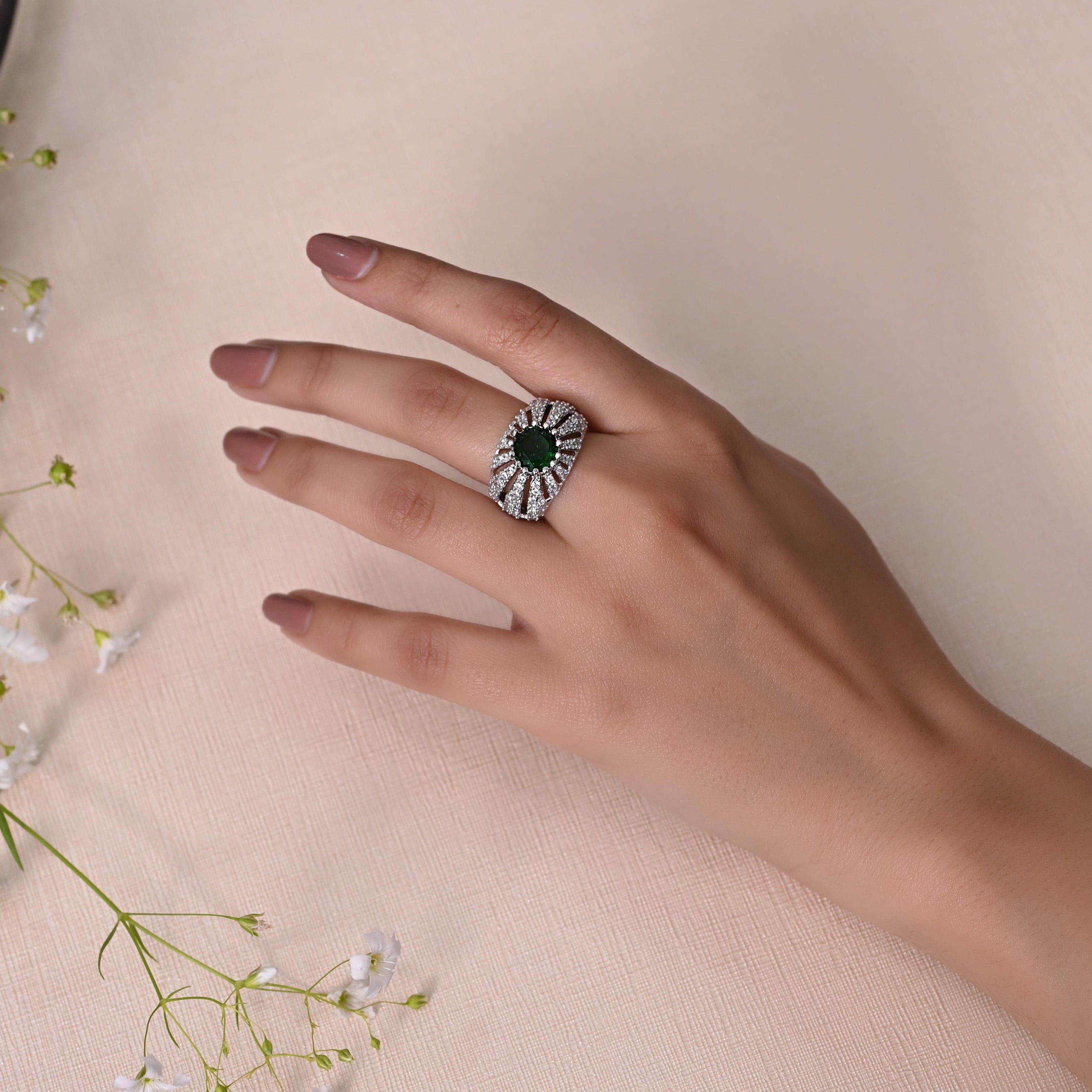 SJR0030- Green Colour Silver Plated Faux Diamond Ring