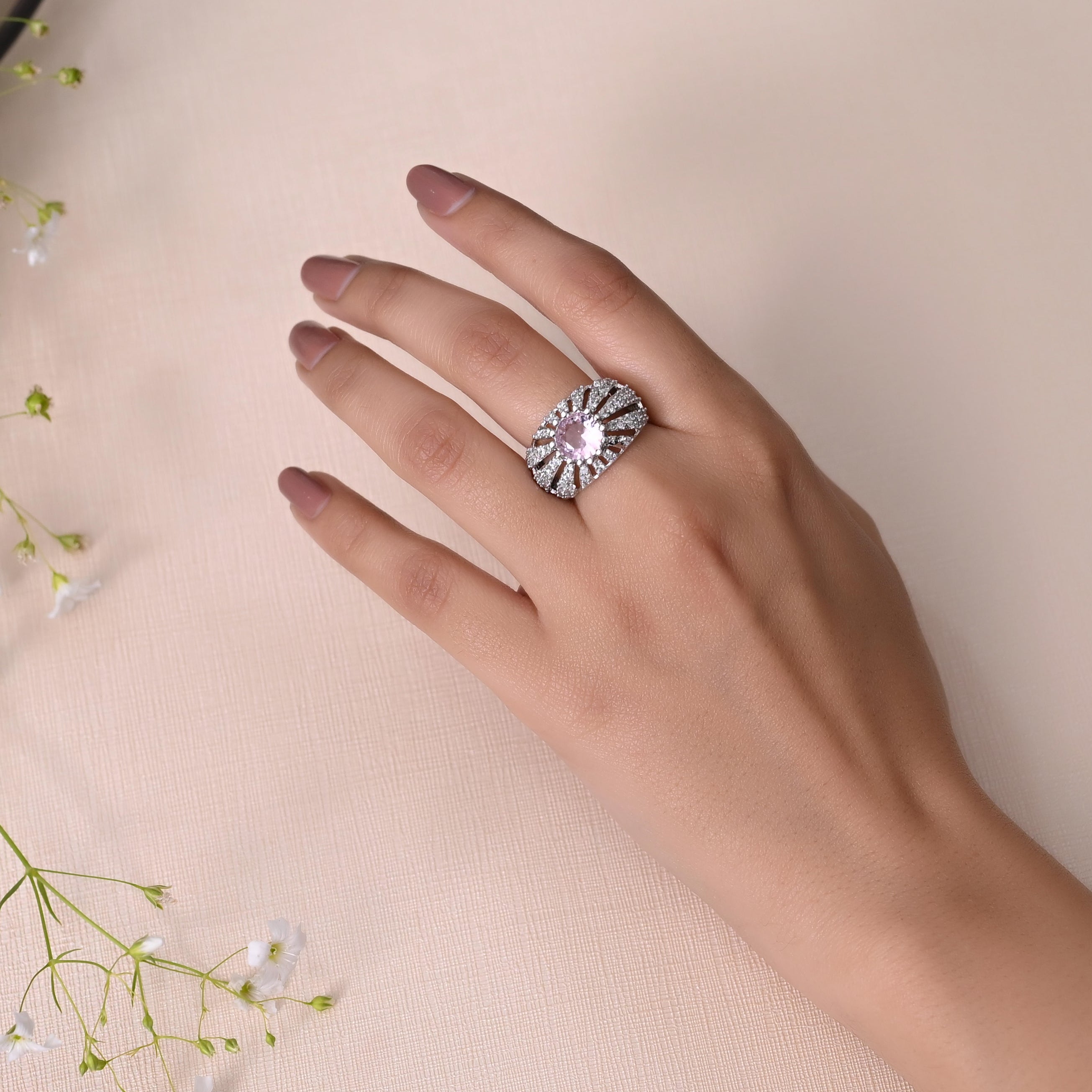 SJR0030- Pink Colour Silver Plated Faux Diamond Ring